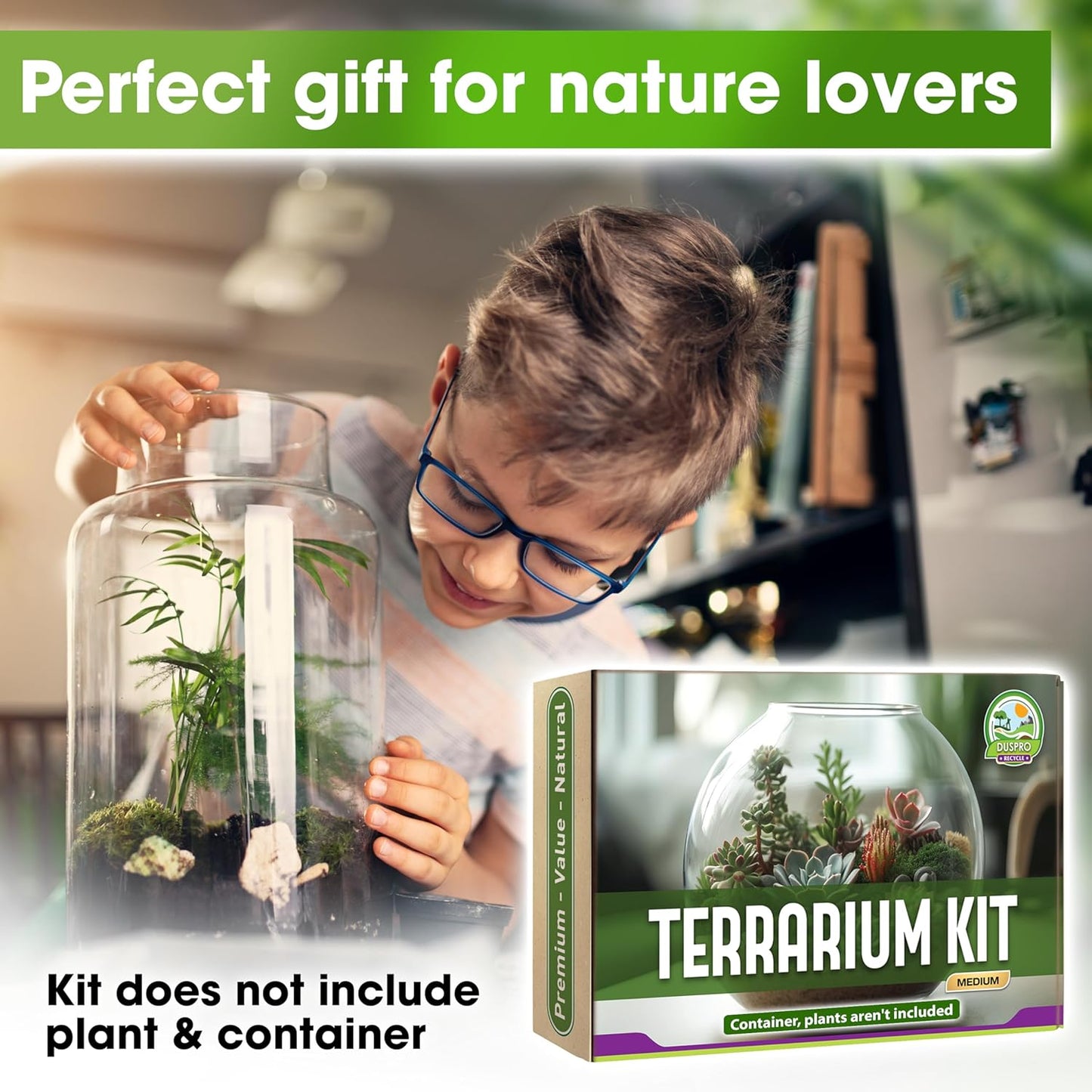 Recycle Terrarium Kit, Include Terrarium Potting Soil, Pumice, Zeolite, Green Moss, Sphagnum Moss, Decorative Stone, Mesh, Tools, DIY Terrarium Starter Kit for Kids, Air Plant, Succulent