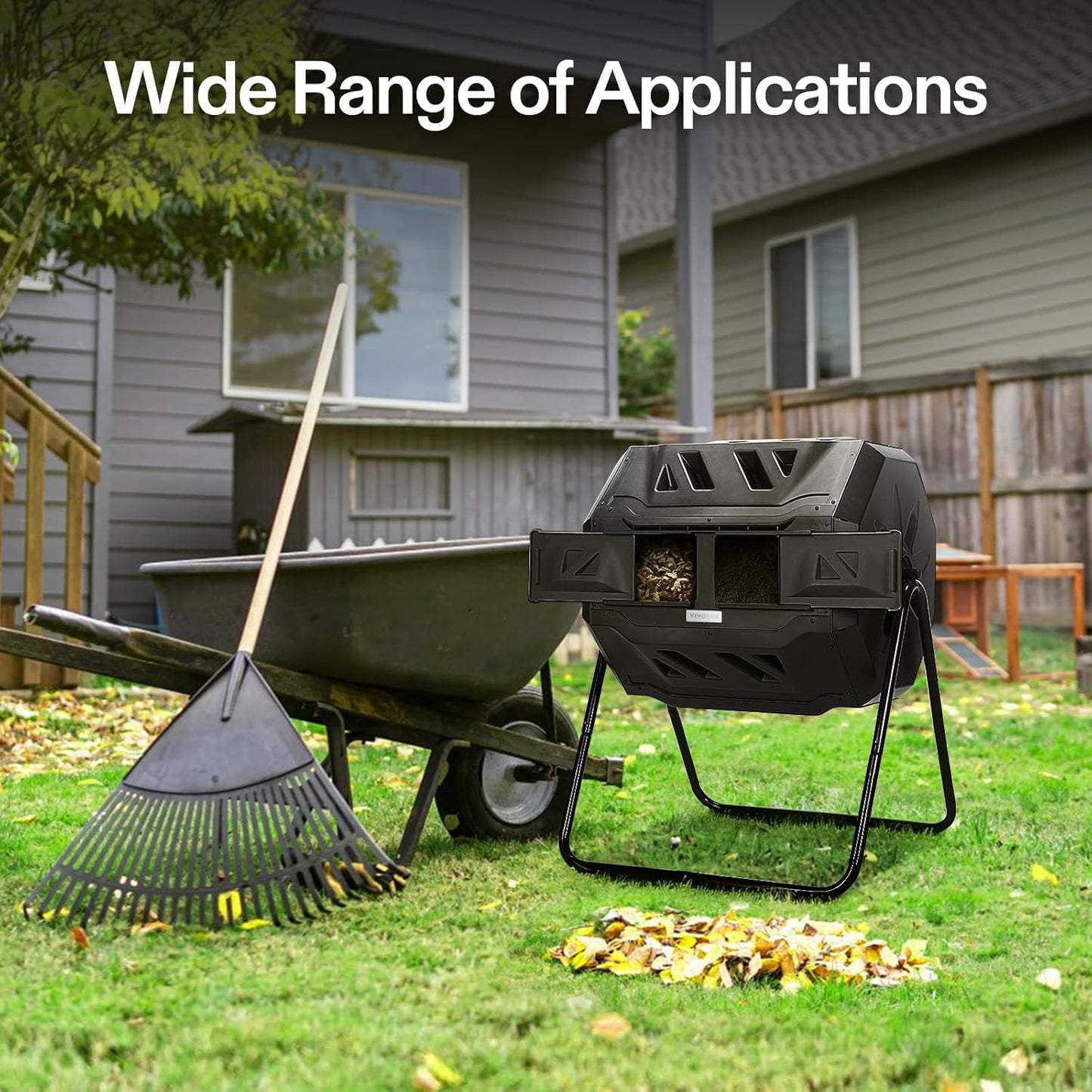 Outdoor Tumbling Composter Dual Rotating Batch Compost Bin, 43 Gallon Black Door