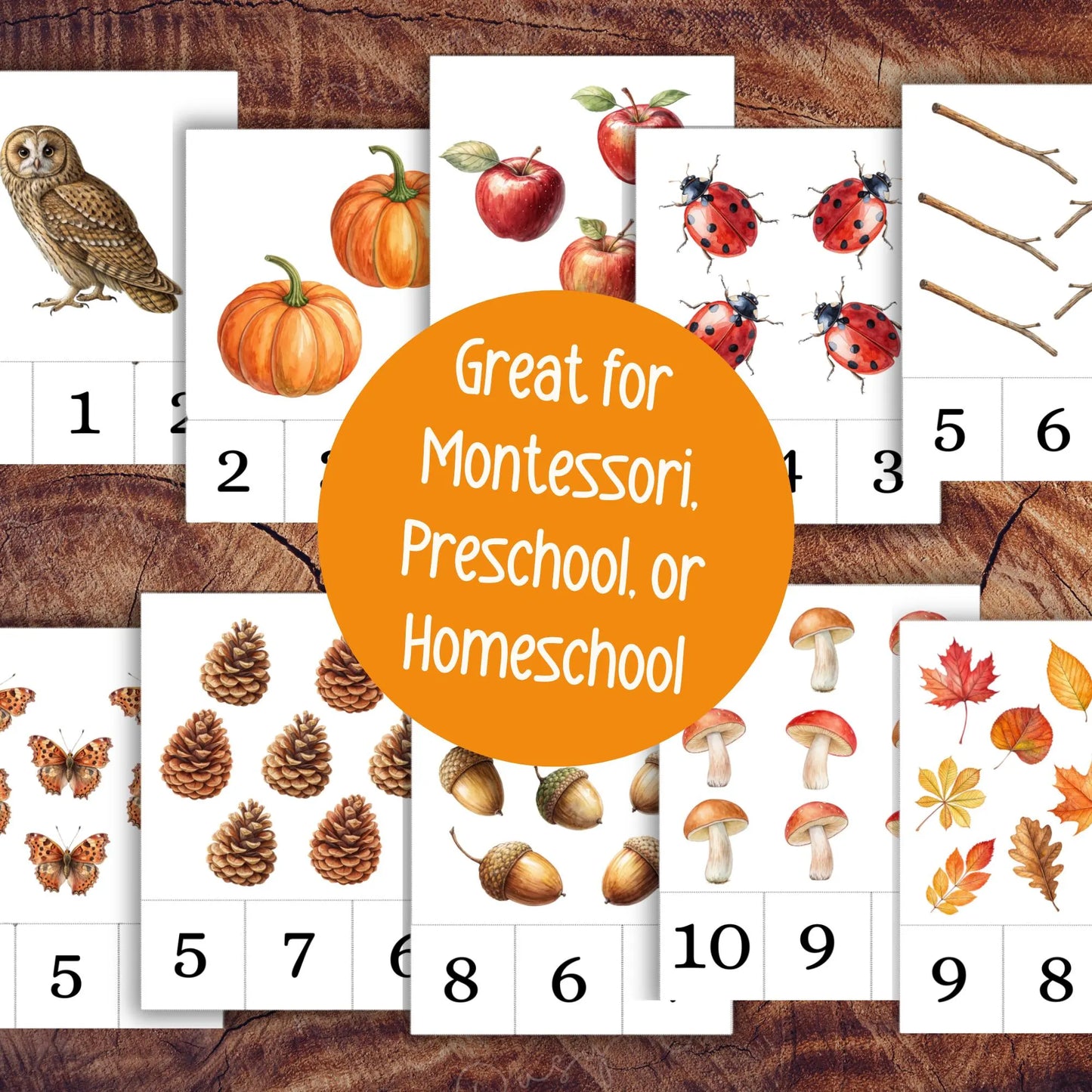 Autumn Count and Clip Cards, Fall Nature Counting Activity for Toddlers & Preschool, Montessori Printable