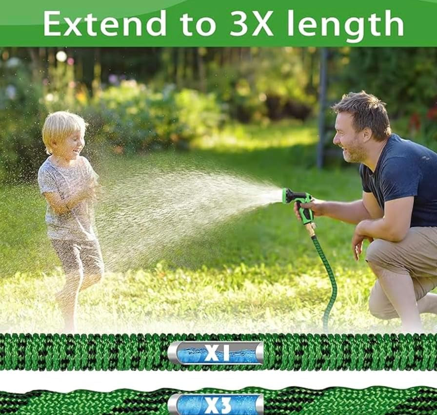 XpandaHose 75ft Expandable Garden Hose with Holder - Heavy Duty Superior Strength 3750D - 4 -Layer Latex Core - Extra Strong Brass Connectors and 10 Spray Nozzle w/Storage Bag (Green 75)