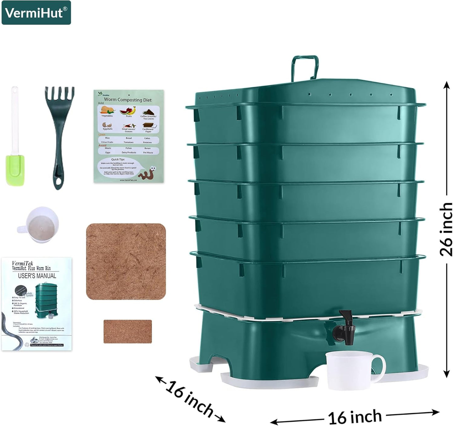The Original ® Plus 5 – Tray Worm Composter -Dark Green,Sustainable Design for Both Indoor & Outdoor, Worm Compost Bin for Vermicomposting Starter, Recycling Food Wastes