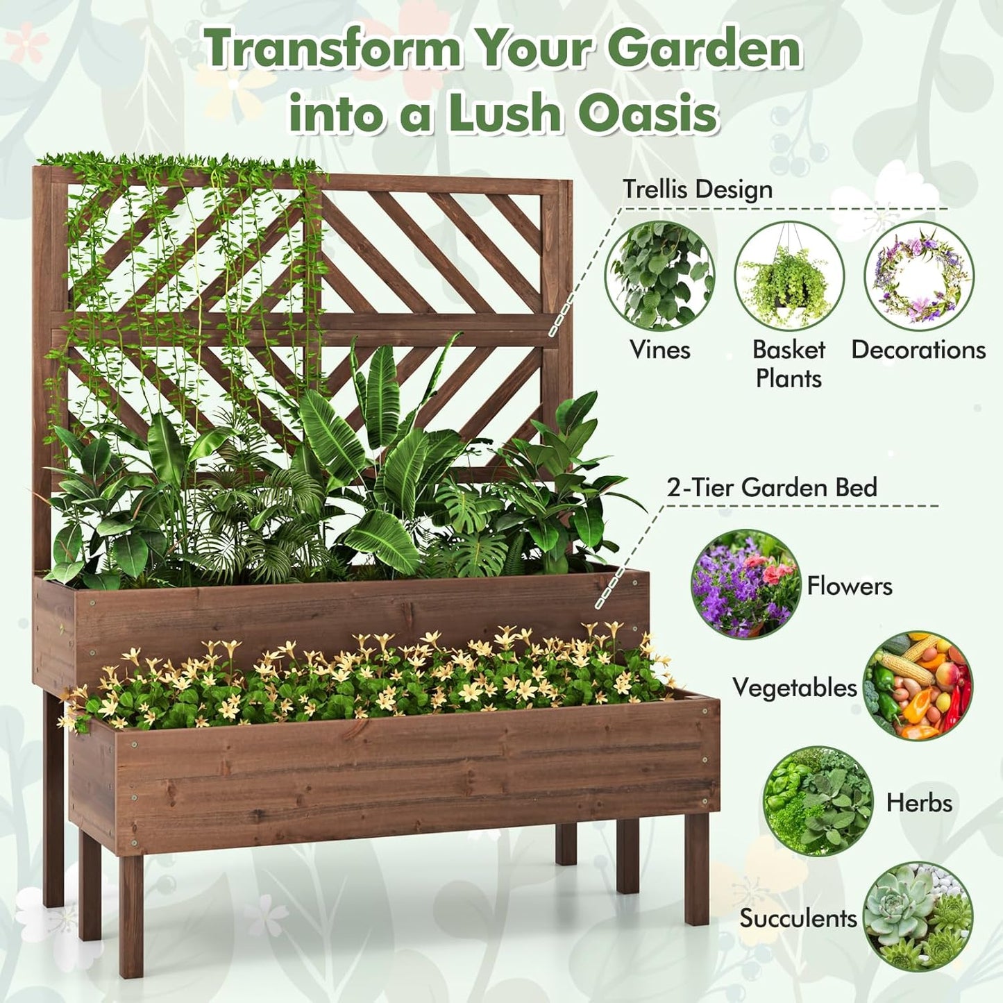 Raised Garden Bed with Trellis & 2 Planter Boxes, 2-Tier Outdoor Wooden Elevated Planter Box with Legs & Drainage Holes, Gardening Planters for Flowers, Herbs, Vegetables & Fruits(Brown)