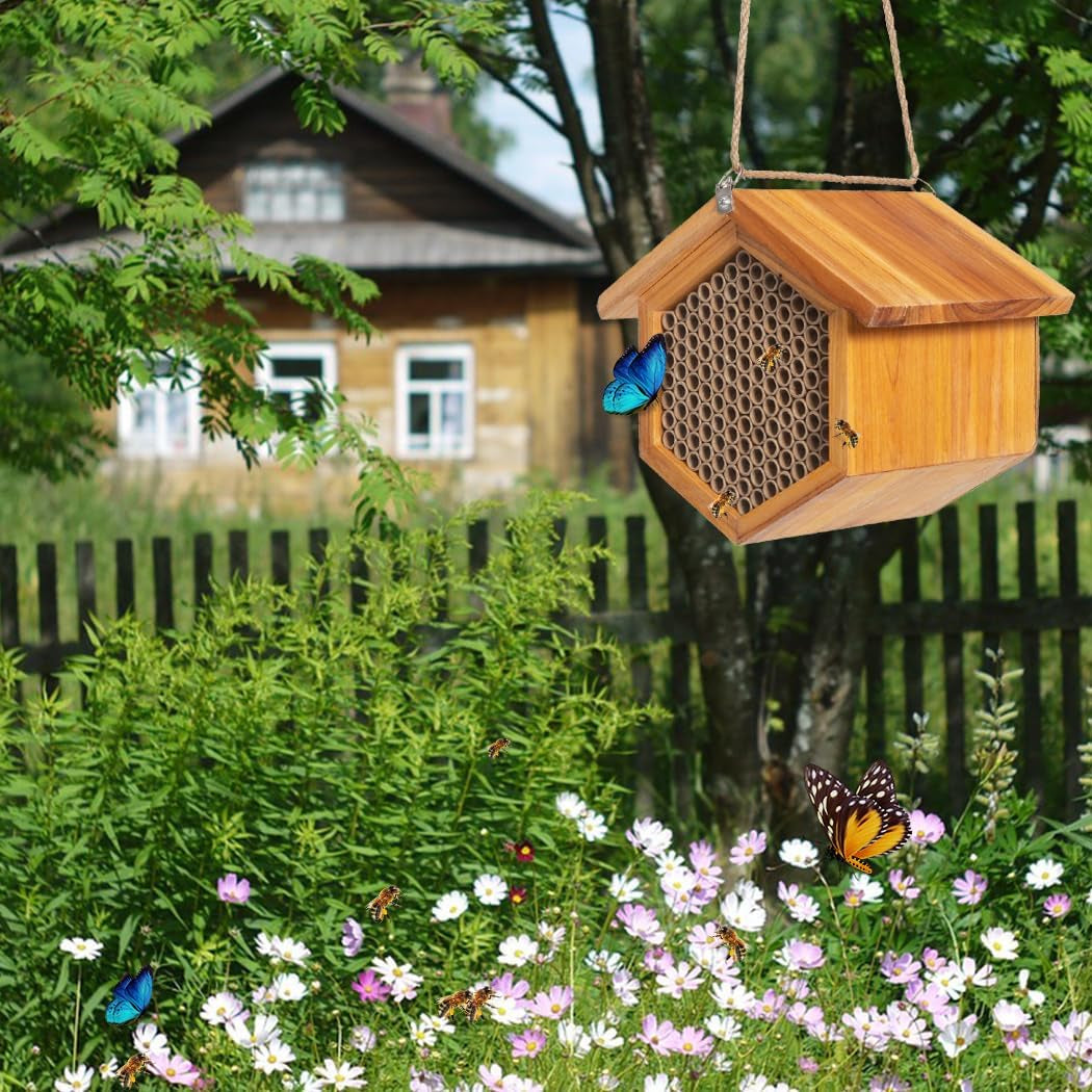 Mason Bee House Wax Coated Bee House, Bee Hotel for the Garden,Pollinator House Waterproof, Natural Handmade Wooden Mason Bee Hotel for Pollinating Bees Garden Supplies,Attracts Peaceful Bee