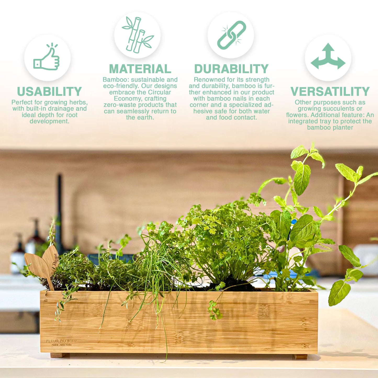 FLEUR DU BIEN Indoor Herb Garden Kit + Planter, 6 Herb Seed Packs, Window Gardening Set Plant Marker, Biodegradable Growing Pots, Soil Disc