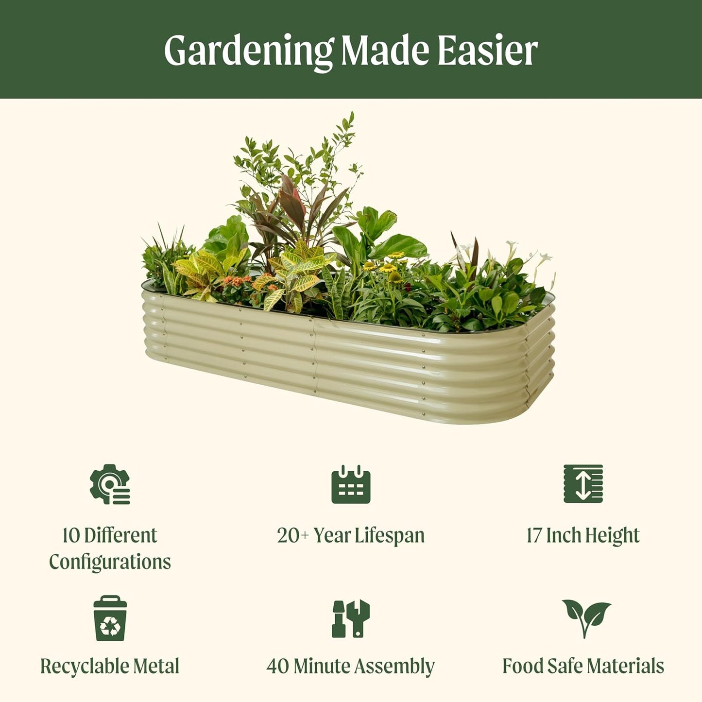 Raised Garden Bed Kit, 17" Tall 10 in 1 Modular Metal Raised Garden Beds Kit, Metal Planter Box for Vegetables, Flowers, Herbs, Olive Green