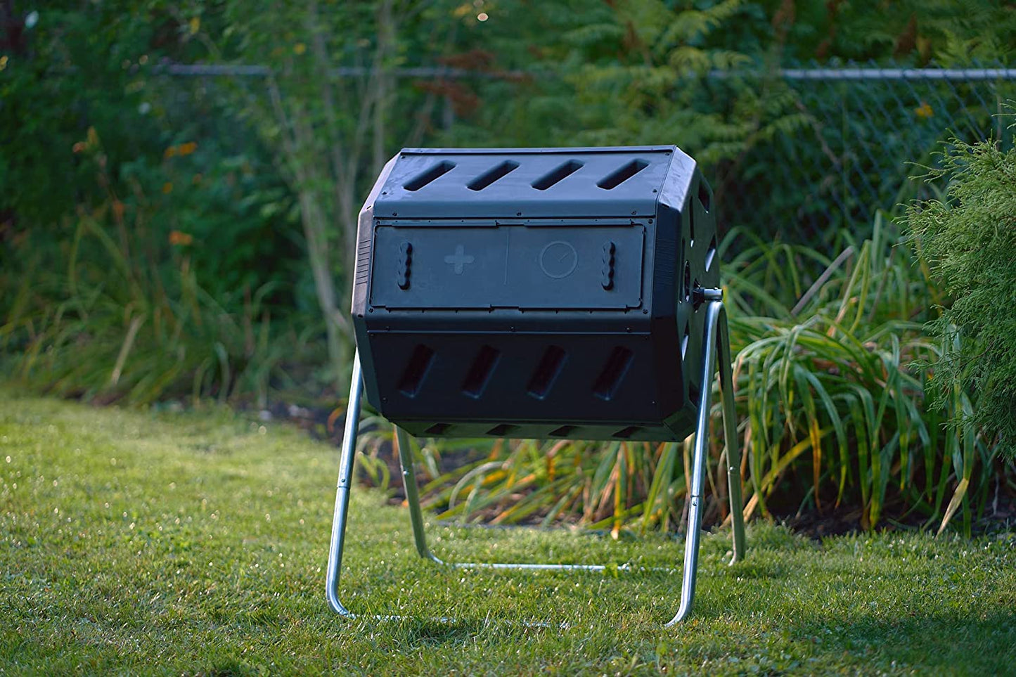 IM4000 Dual Chamber Tumbling Composter Canadian-Made, 100% Recycled Resin - Outdoor Rotating Compost Tumbler Bin for Garden, Kitchen, and Yard Waste, Black (37 Gallon)