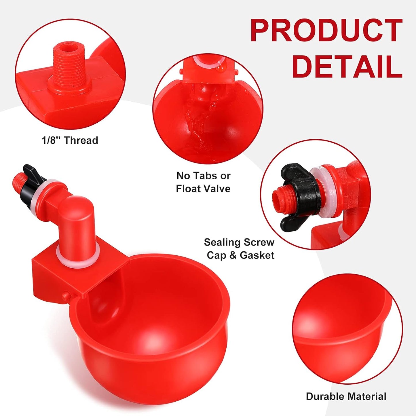 Chicken Water Cups Chicken Waterer Cups Water Feeder Cup 3/8 Inch Thread Automatic Filling Waterer Poultry Drinking Bowl for Duck Turkey Bunny(Red,12 Pieces)