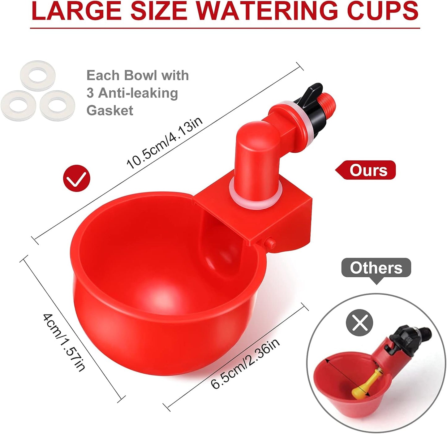 Chicken Water Cups Chicken Waterer Cups Water Feeder Cup 3/8 Inch Thread Automatic Filling Waterer Poultry Drinking Bowl for Duck Turkey Bunny(Red,12 Pieces)
