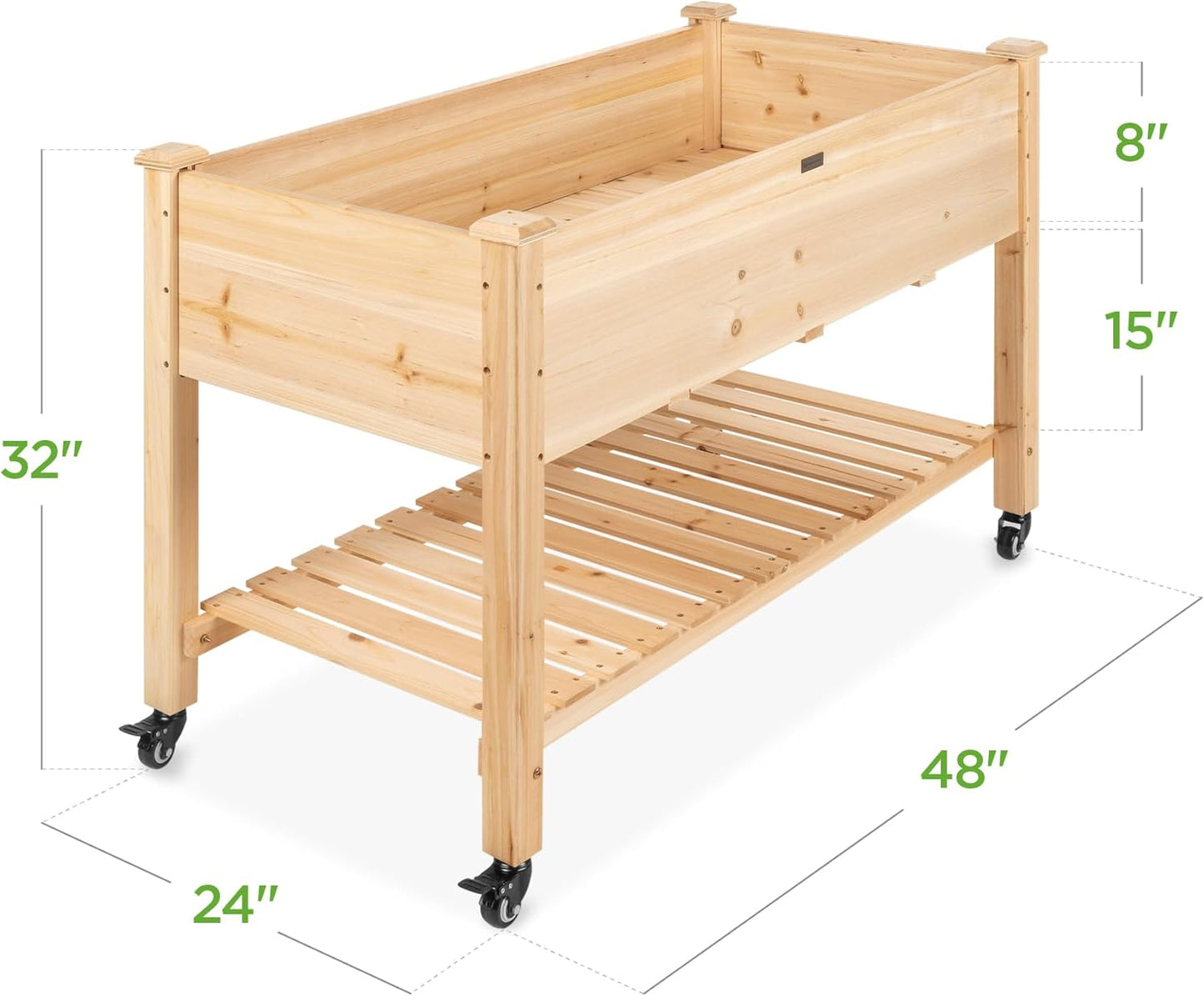 Raised Garden Bed 48x24x32-inch Mobile Elevated Wood Planter w/Lockable Wheels, Storage Shelf, Protective Liner - Natural