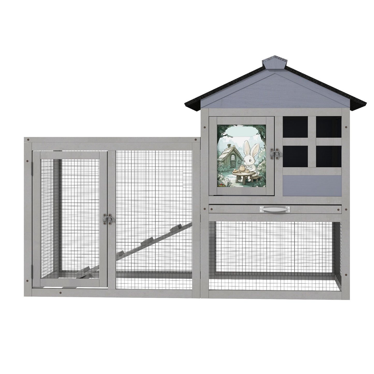 48"L Wooden Rabbit Hutch Large Chicken Coop W/ Removable Tray&Roof In/Outdoor