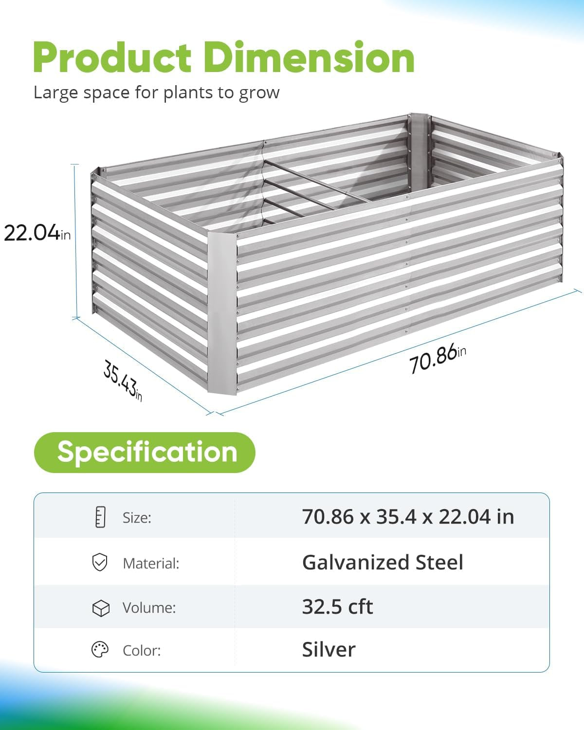 Galvanized Raised Garden Bed 6x3x2 Ft Metal Planter Box Bottomless for Backyard, Include 1 pc Tomato Cage, Silver