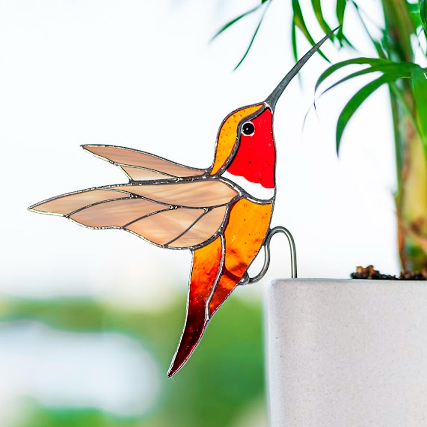 Stained Glass Hummingbird Planter Decoration Bird suncatcher Beautiful handmade gift for Father’s Day Adds charm to plants and windows