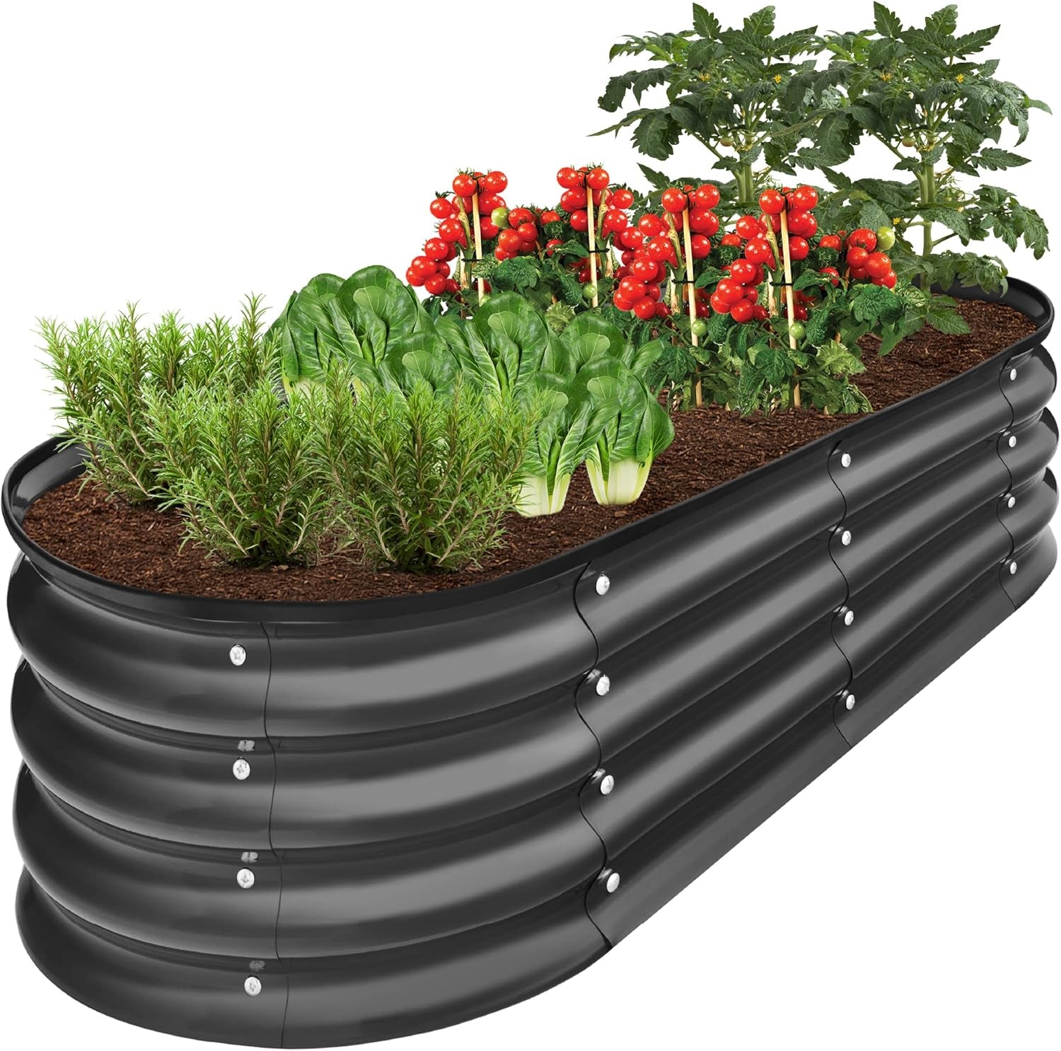 4x2x1ft Outdoor Metal Raised Garden Bed, Oval Deep Root Planter Box for Vegetables, Flowers, Herbs, and Succulents w/ 51 Gallon Capacity, Rubber Edge Guard - Charcoal