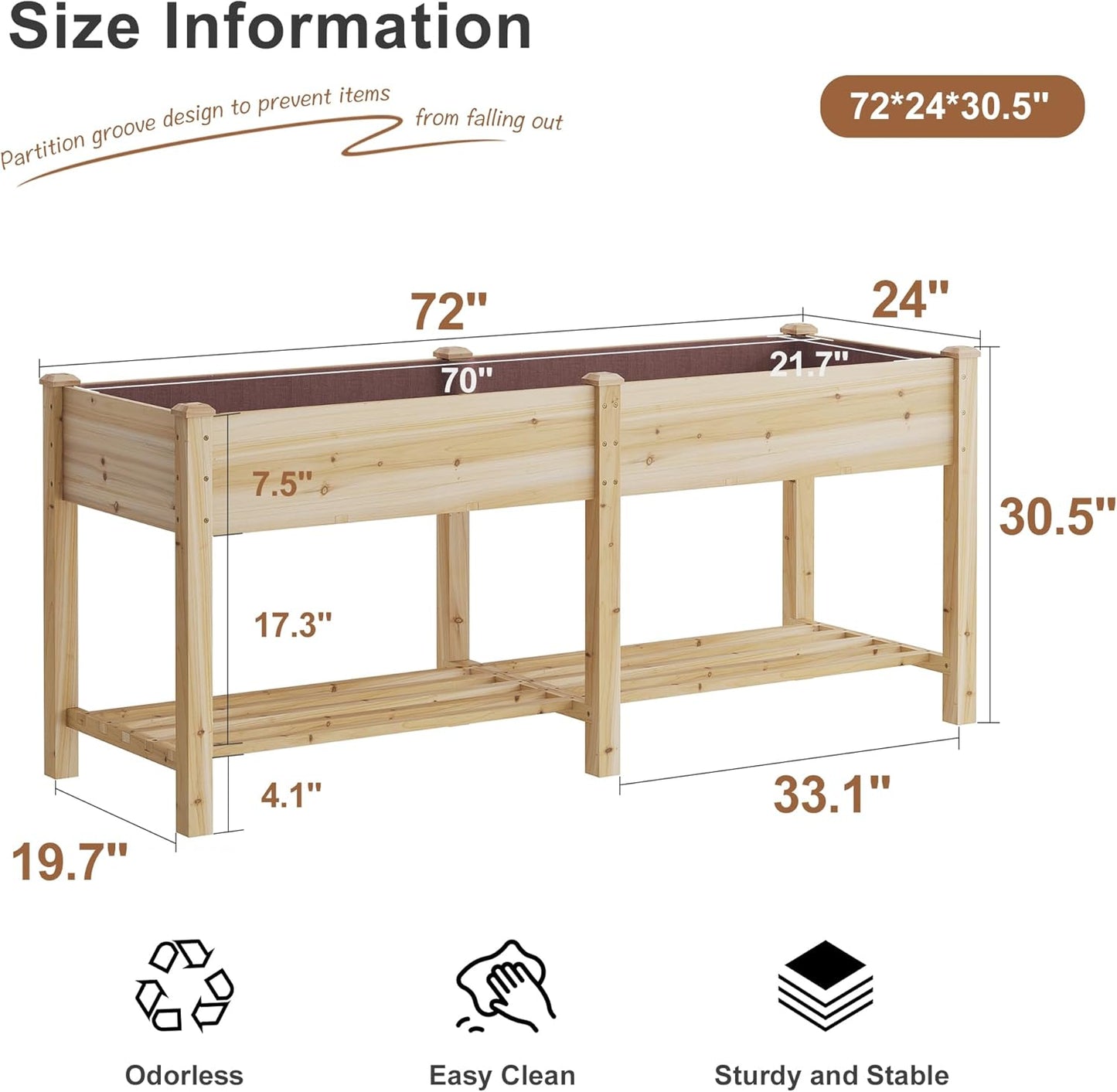 Raised Garden Bed with Legs Elevated Wooden Planter Box Stand Large Planter Stand Box for Fruits Vegetables Flowers with Divider with Bag - 72 * 24 * 30.5IN