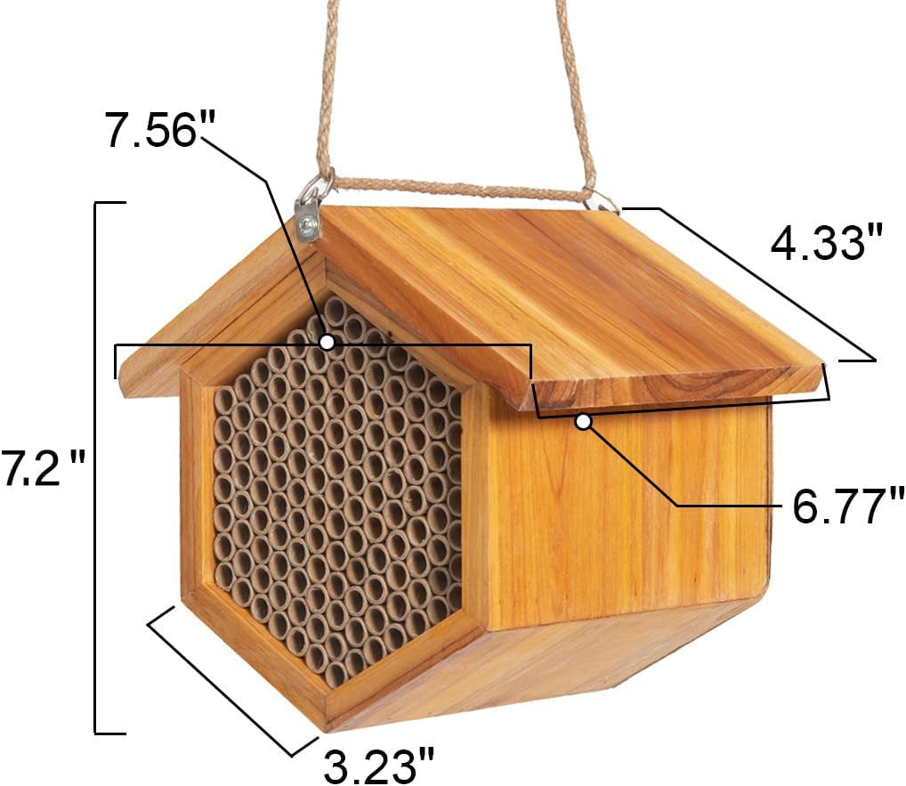 Mason Bee House Wax Coated Bee House, Bee Hotel for the Garden,Pollinator House Waterproof, Natural Handmade Wooden Mason Bee Hotel for Pollinating Bees Garden Supplies,Attracts Peaceful Bee