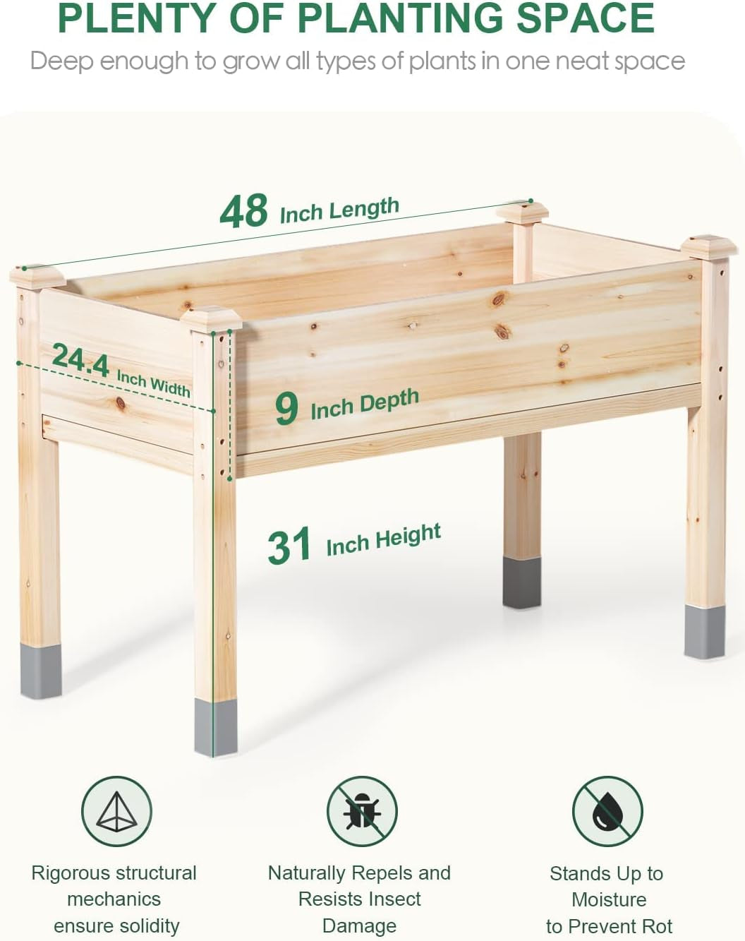 Wooden Raised Garden Bed with Legs, 48”L X 24”W, Elevated Reinforced Large Planter Box for Vegetable Flower Herb Outdoors - Beam and Column Structure - Unmatched Strength Outlast