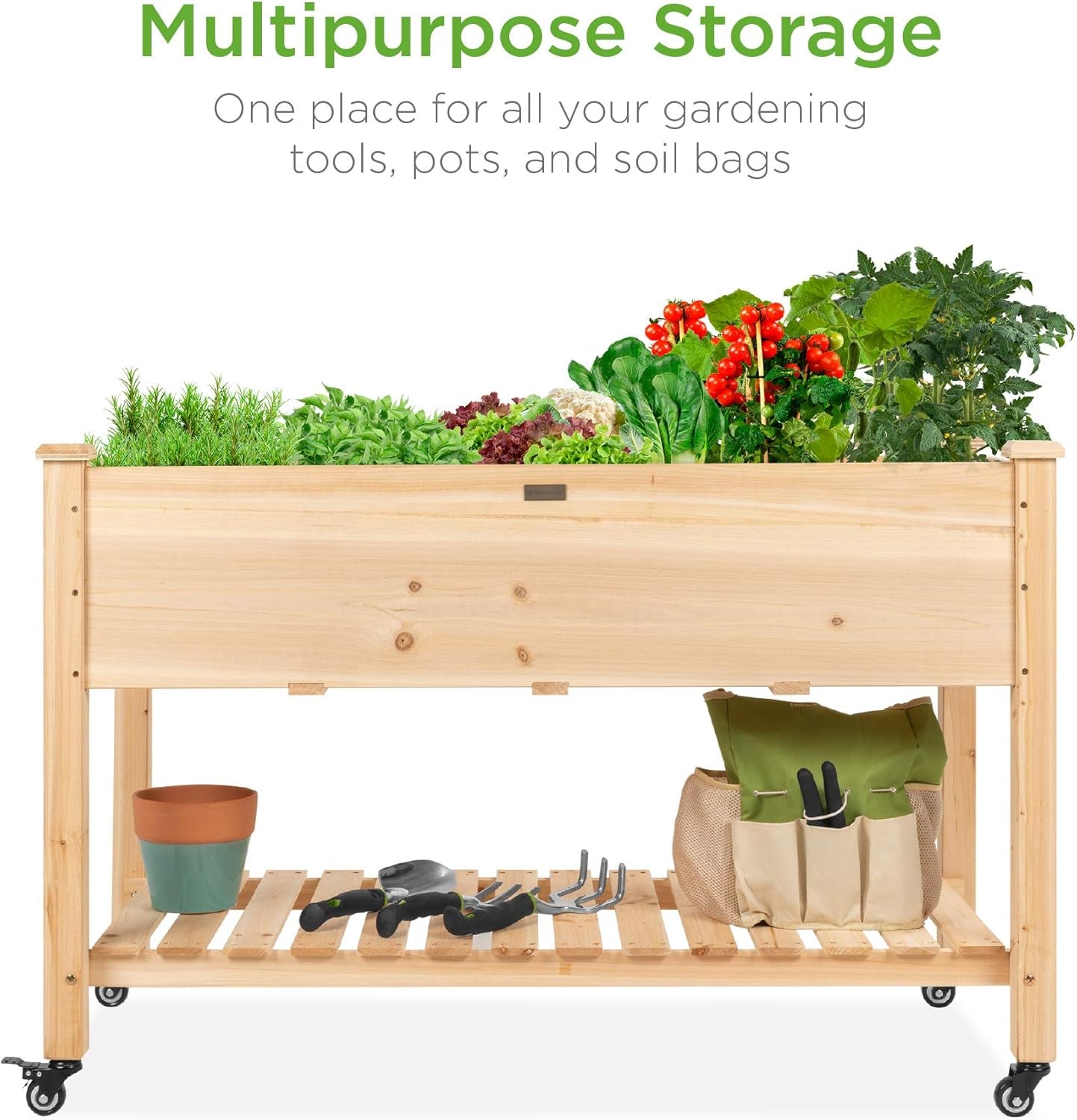 Raised Garden Bed 48x24x32-inch Mobile Elevated Wood Planter w/Lockable Wheels, Storage Shelf, Protective Liner - Natural