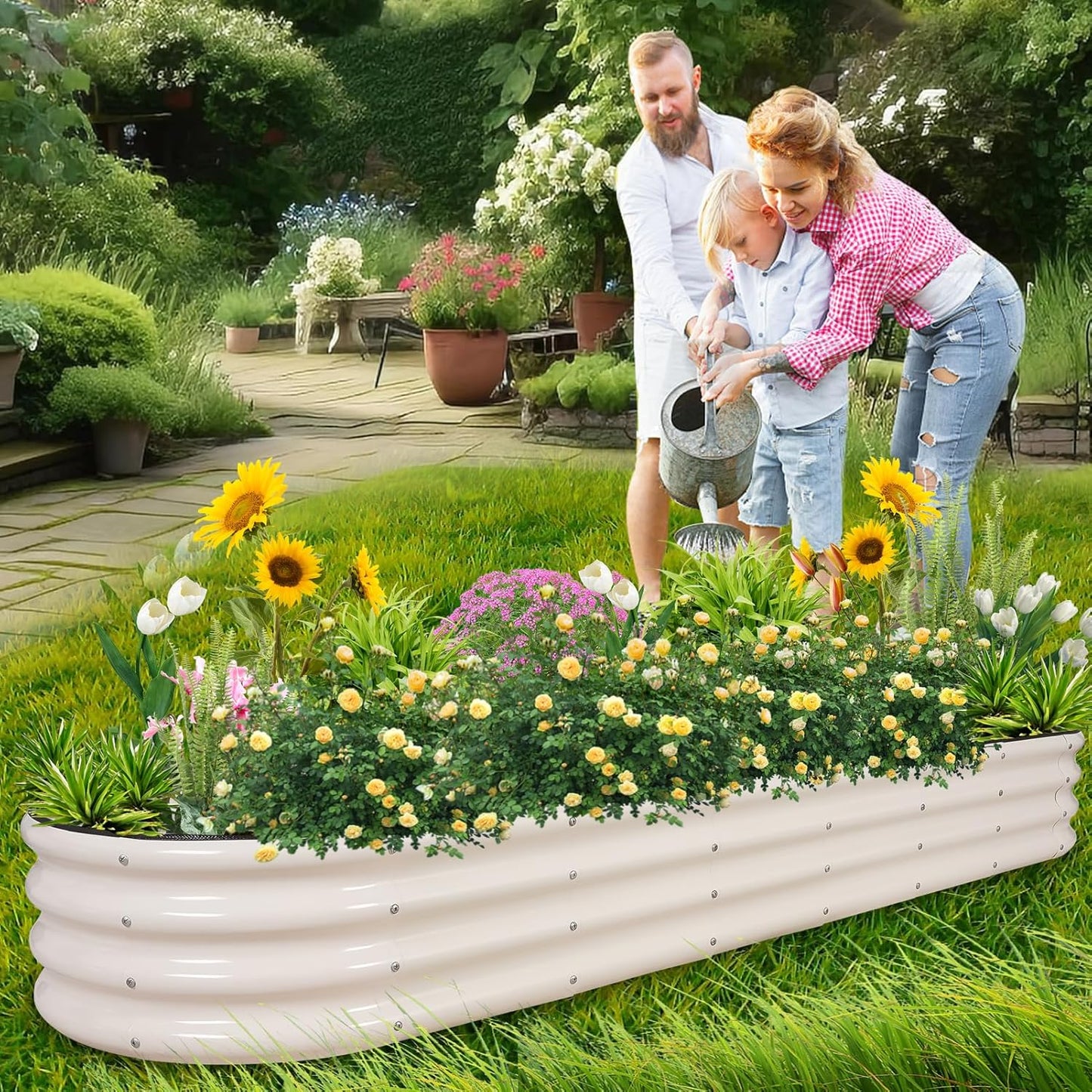 Galvanized Raised Garden Bed- Planter Garden Boxes Outdoor, Raised Beds for Gardening, 8x2x1ft Metal Garden Bed Kit for Vegetables Flower, Planter Raised Beds with Protective Tape & Tools.White
