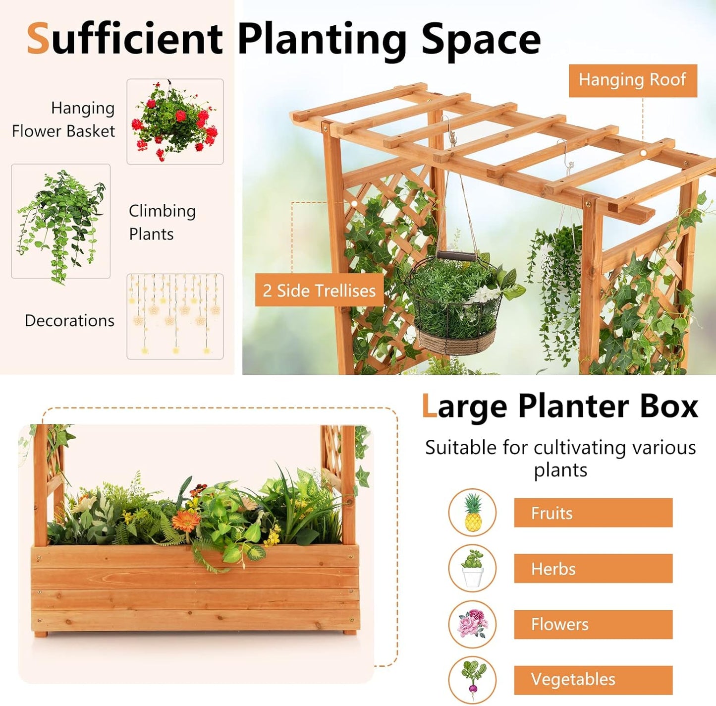 Raised Garden Bed with Arch Trellis, Wood Planter Box with Hanging Roof, Side Trellis, 4 Drainage Holes, Above Ground Elevated Garden Bed for Outdoor Climbing Plants Vines Patio