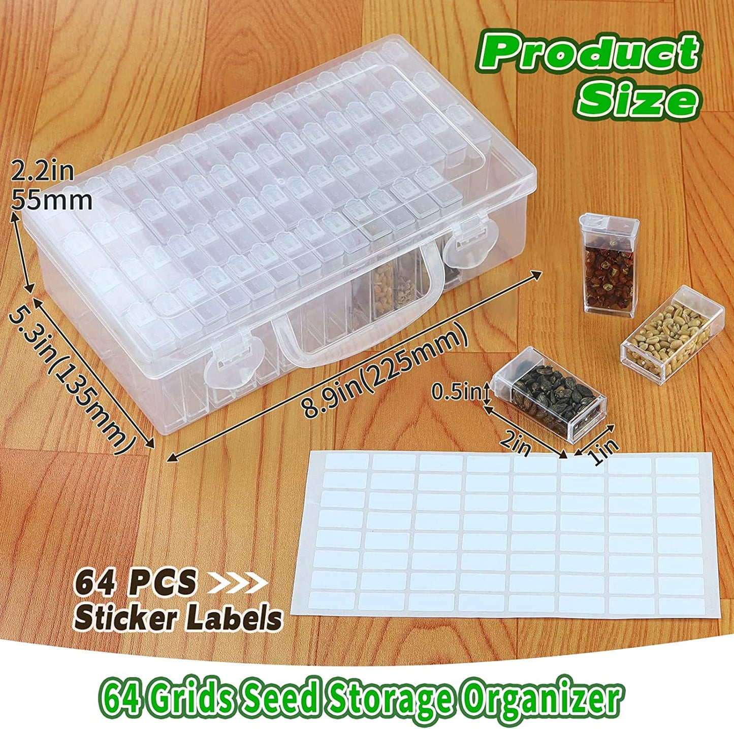 64-Slots Seed Storage Organizer Box with Label Stickers, Seed Storage Container for Flower Plants, Seeds & Bulbs, Flower, Vegetable, Clover and Basil Seeds, Gardening Supplies & Organizer