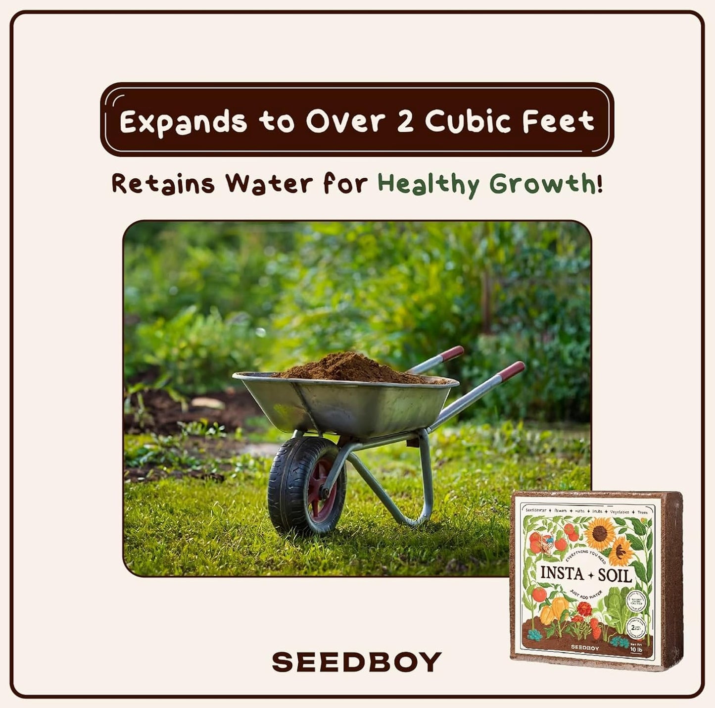 Instasoil™ Nutrient-Rich Potting Soil for Indoor/Outdoor Plants – Compressed Coco Coir– Just Add Water - Expands to 15 Gallons in 5 Minutes - Perfect for Herbs, Vegetables & Microgreens (10Lb Block)