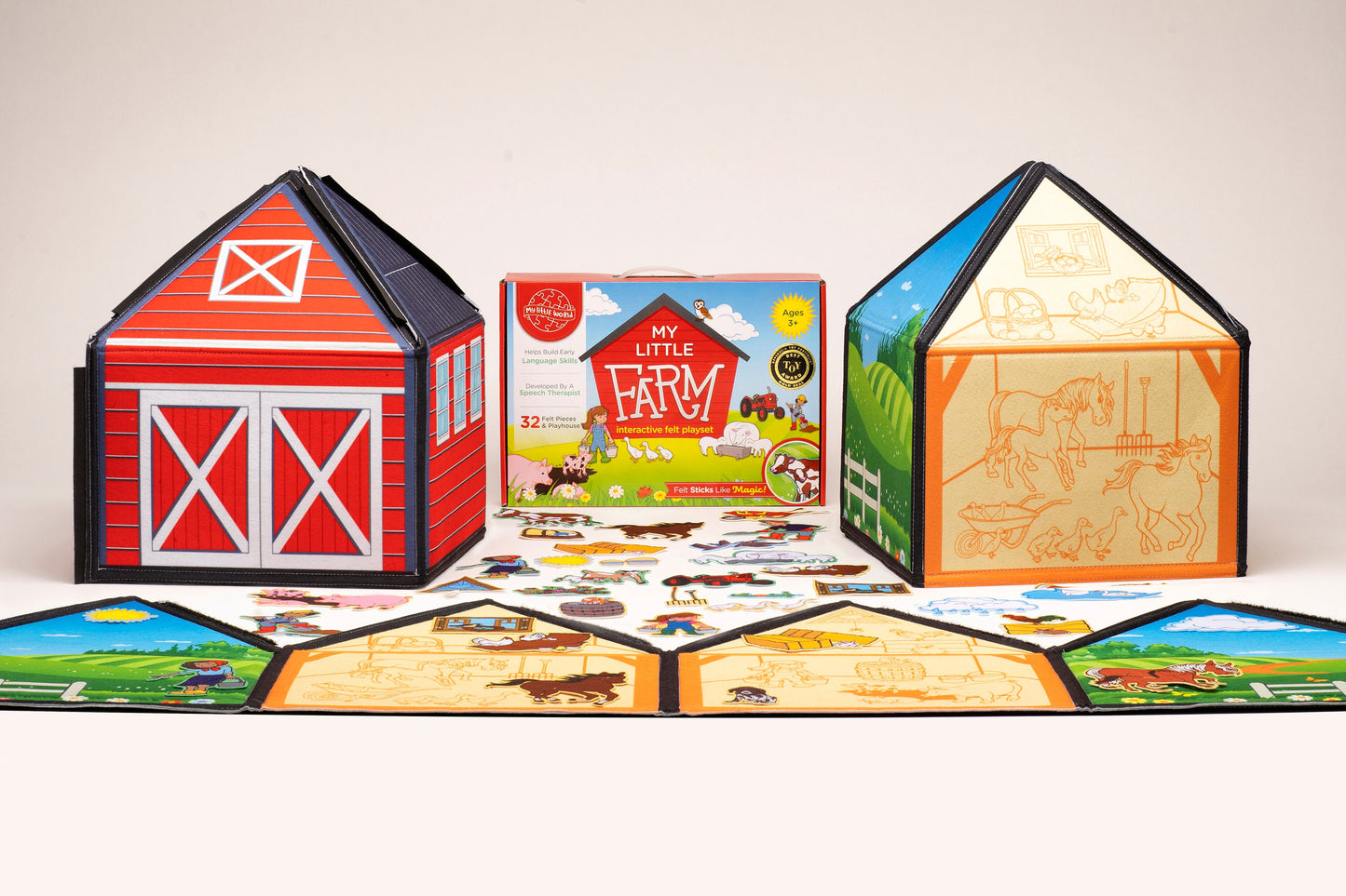 Award-Winning Early Language-Building Reversible Felt Playset. Interactive Felt Farm Toy: Fun, Sensory. Can be used flat or 3-D. 35 pcs.
