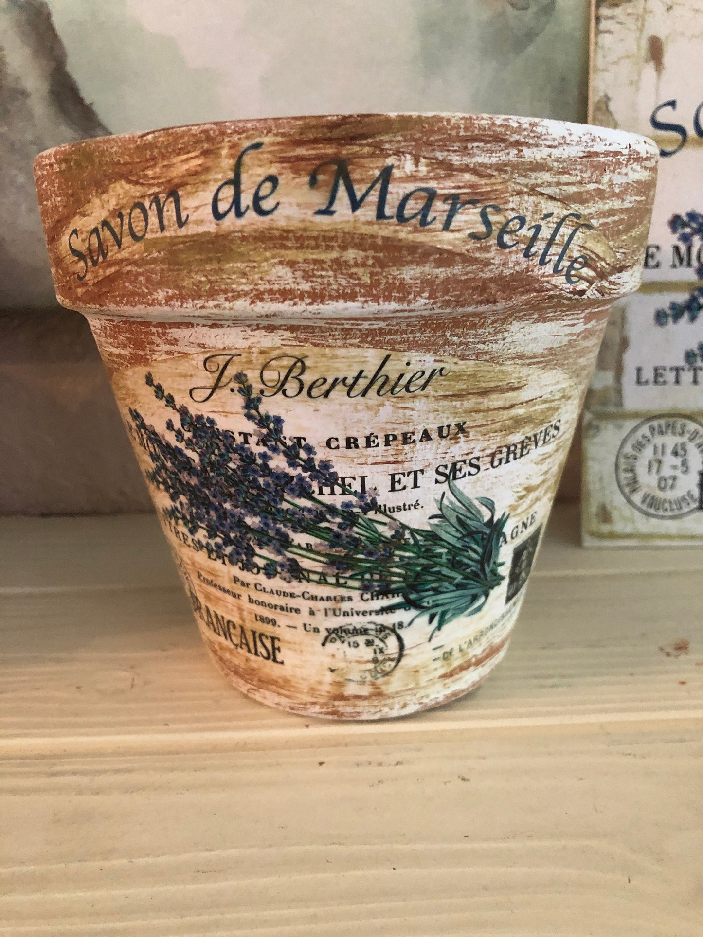 Lavender French Country Planter: Distressed Farmhouse Clay Pot (4 or 6 inch)