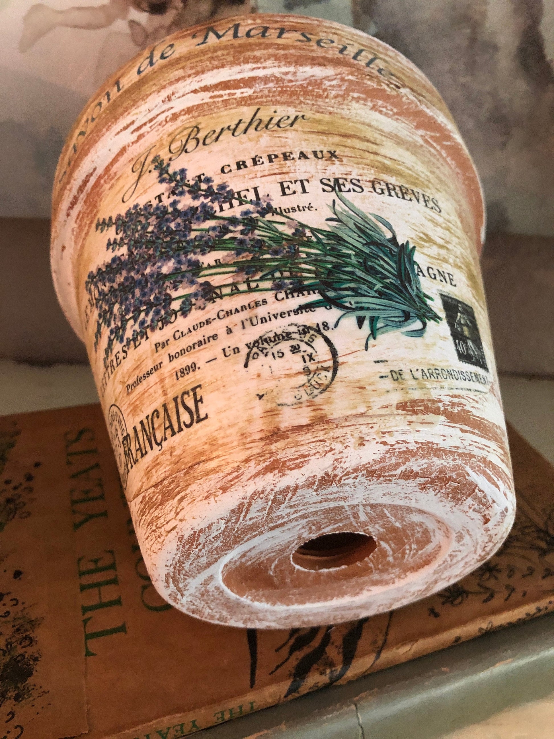 Lavender French Country Planter: Distressed Farmhouse Clay Pot (4 or 6 inch)