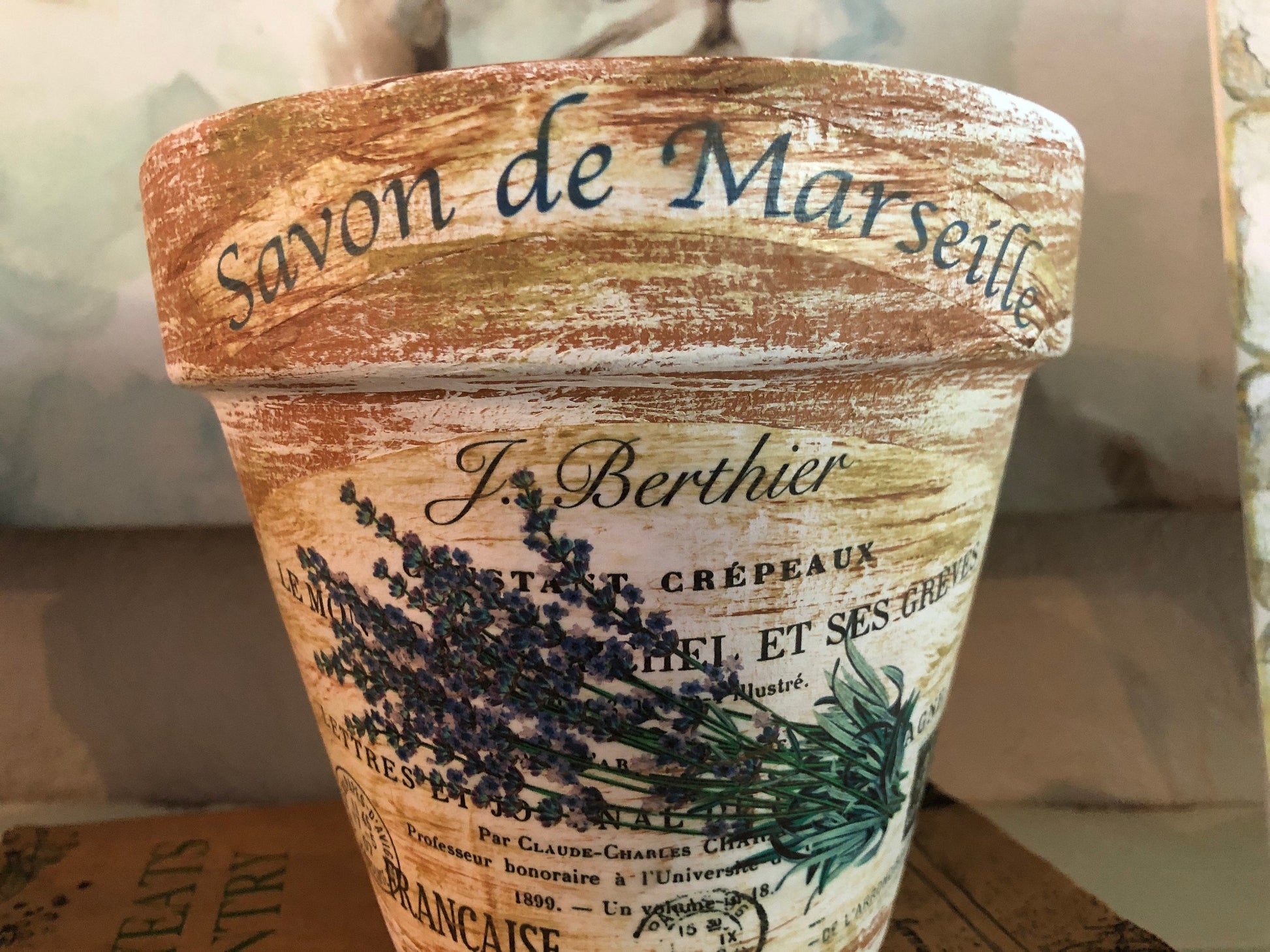 Lavender French Country Planter: Distressed Farmhouse Clay Pot (4 or 6 inch)