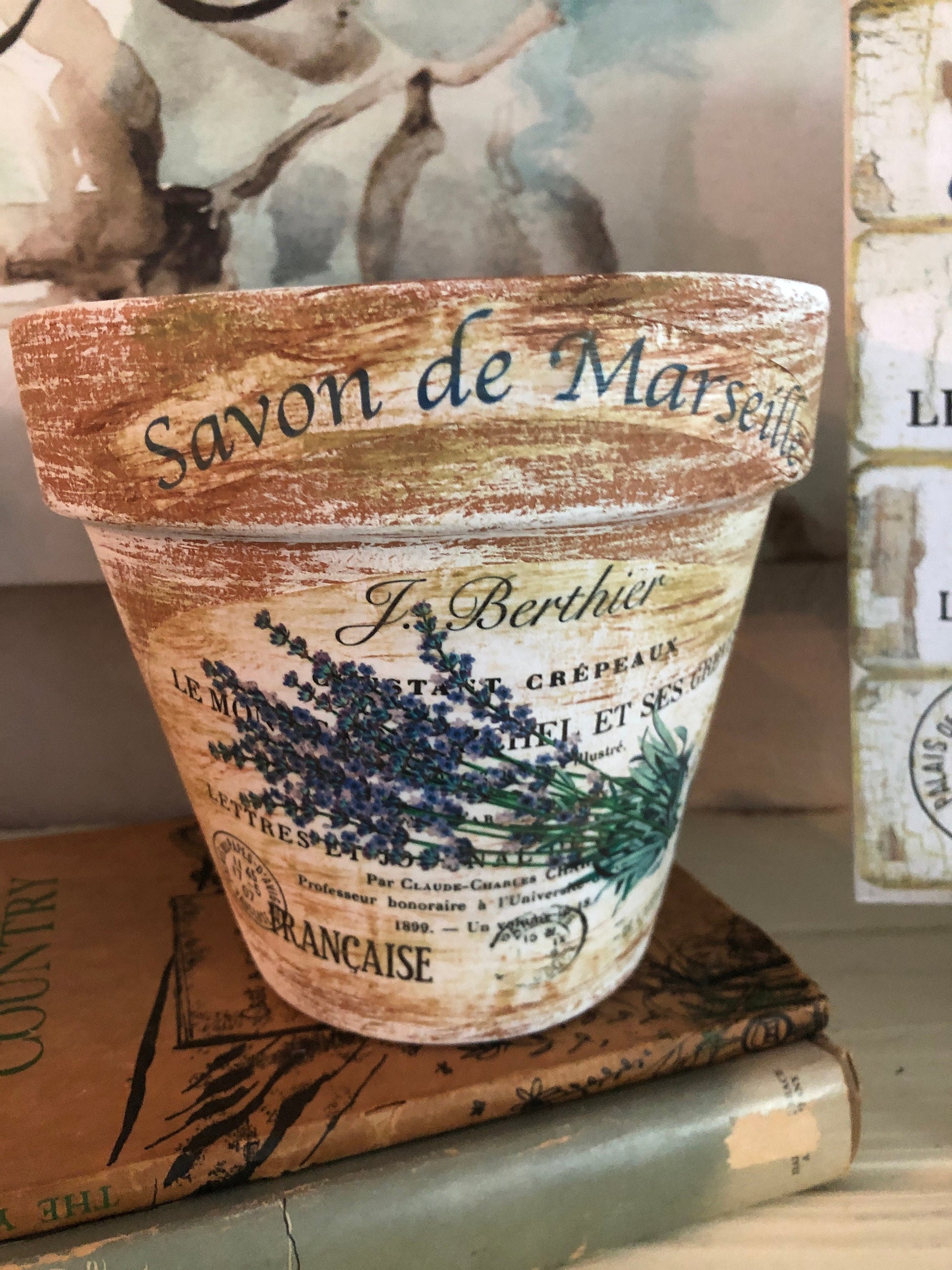 Lavender French Country Planter: Distressed Farmhouse Clay Pot (4 or 6 inch)