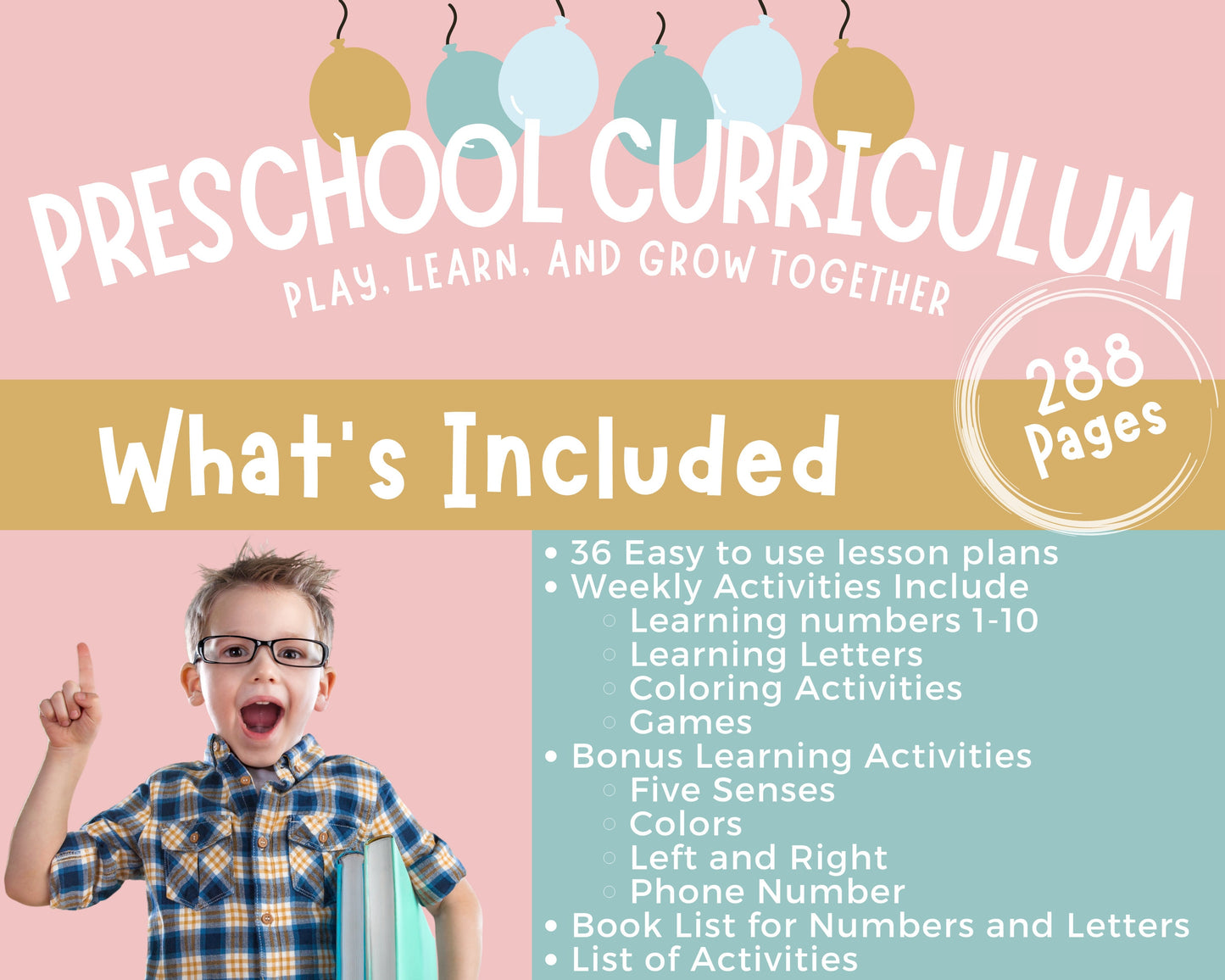 Preschool Curriculum Printable for Homeschool, teach letters, numbers, colors and phone number at home program