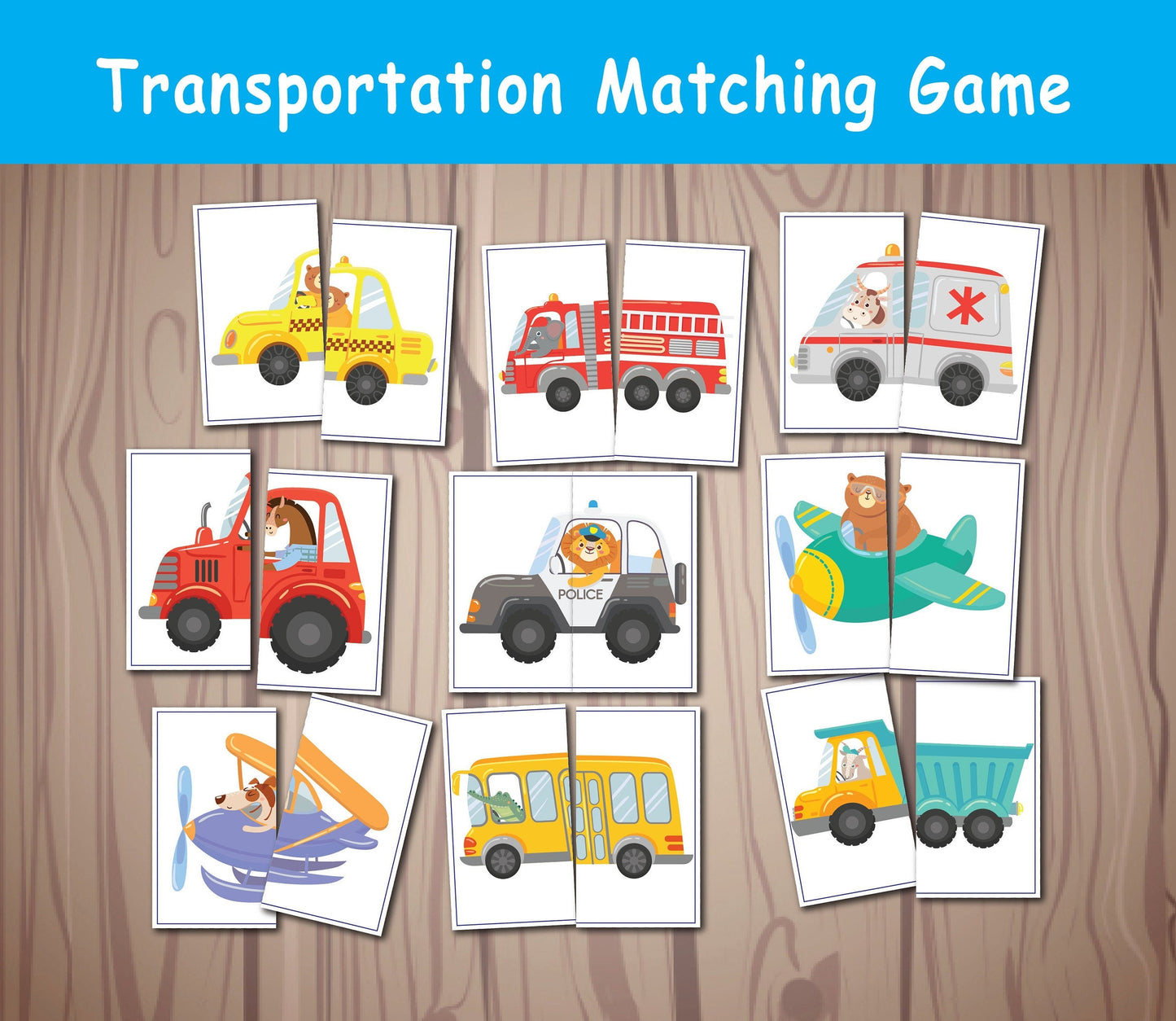 Transportation Matching Game, Symmetry Cards, Toddler Matching Activity, Preschool Learning, Montessori Material, Homeschool Resource