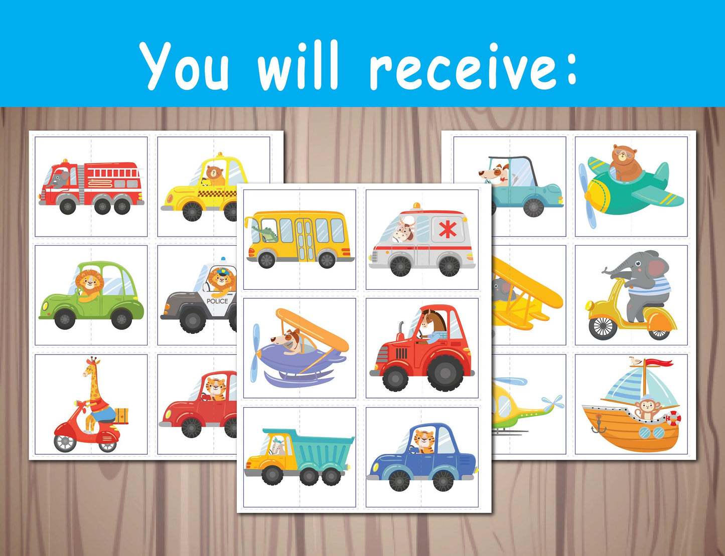 Transportation Matching Game, Symmetry Cards, Toddler Matching Activity, Preschool Learning, Montessori Material, Homeschool Resource