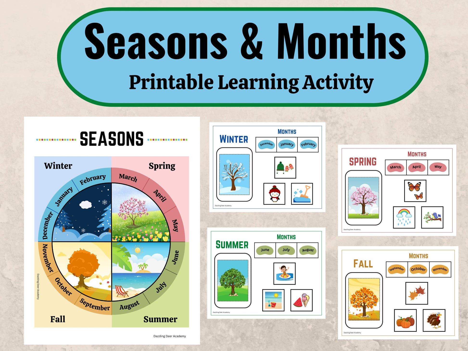 Seasons Printable for kids, Months of the Year Matching Game, Four Seasons busy book, Montessori Printable homeschool Preschool Kindergarten
