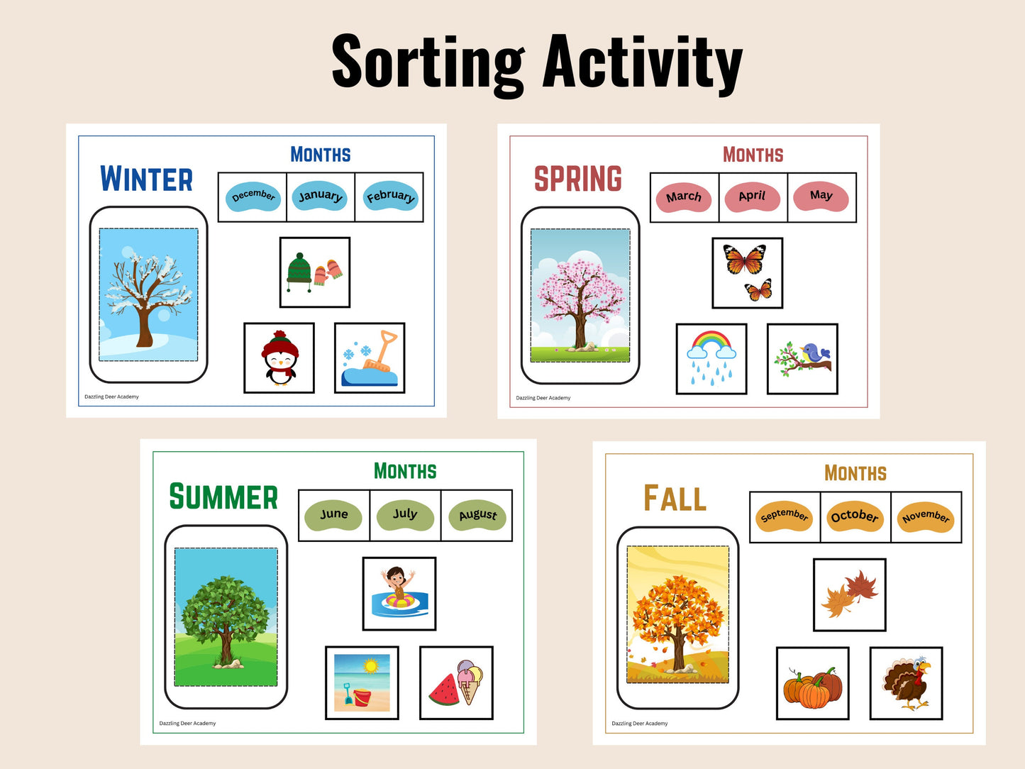 Seasons Printable for kids, Months of the Year Matching Game, Four Seasons busy book, Montessori Printable homeschool Preschool Kindergarten