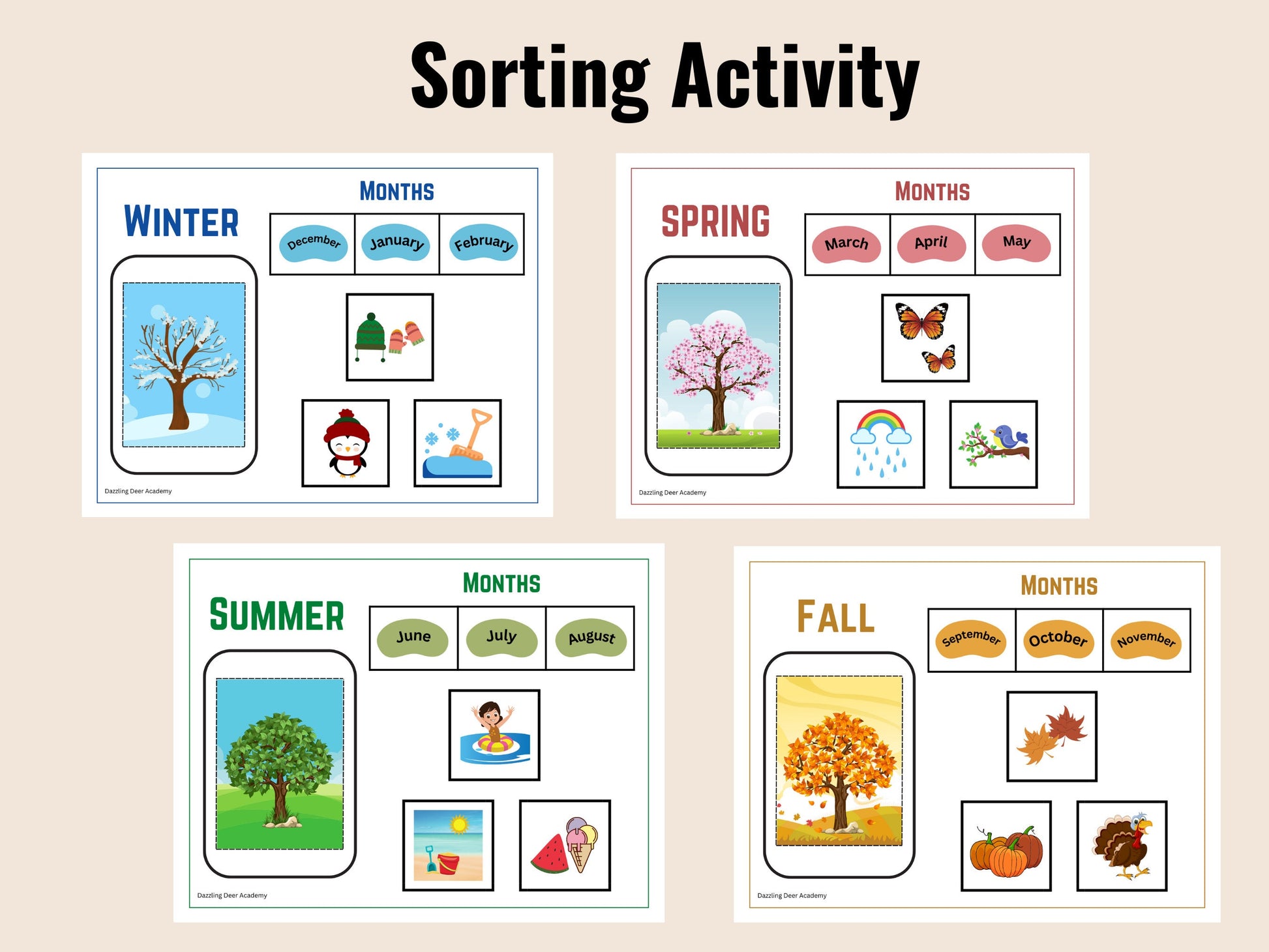 Seasons Printable for kids, Months of the Year Matching Game, Four Seasons busy book, Montessori Printable homeschool Preschool Kindergarten