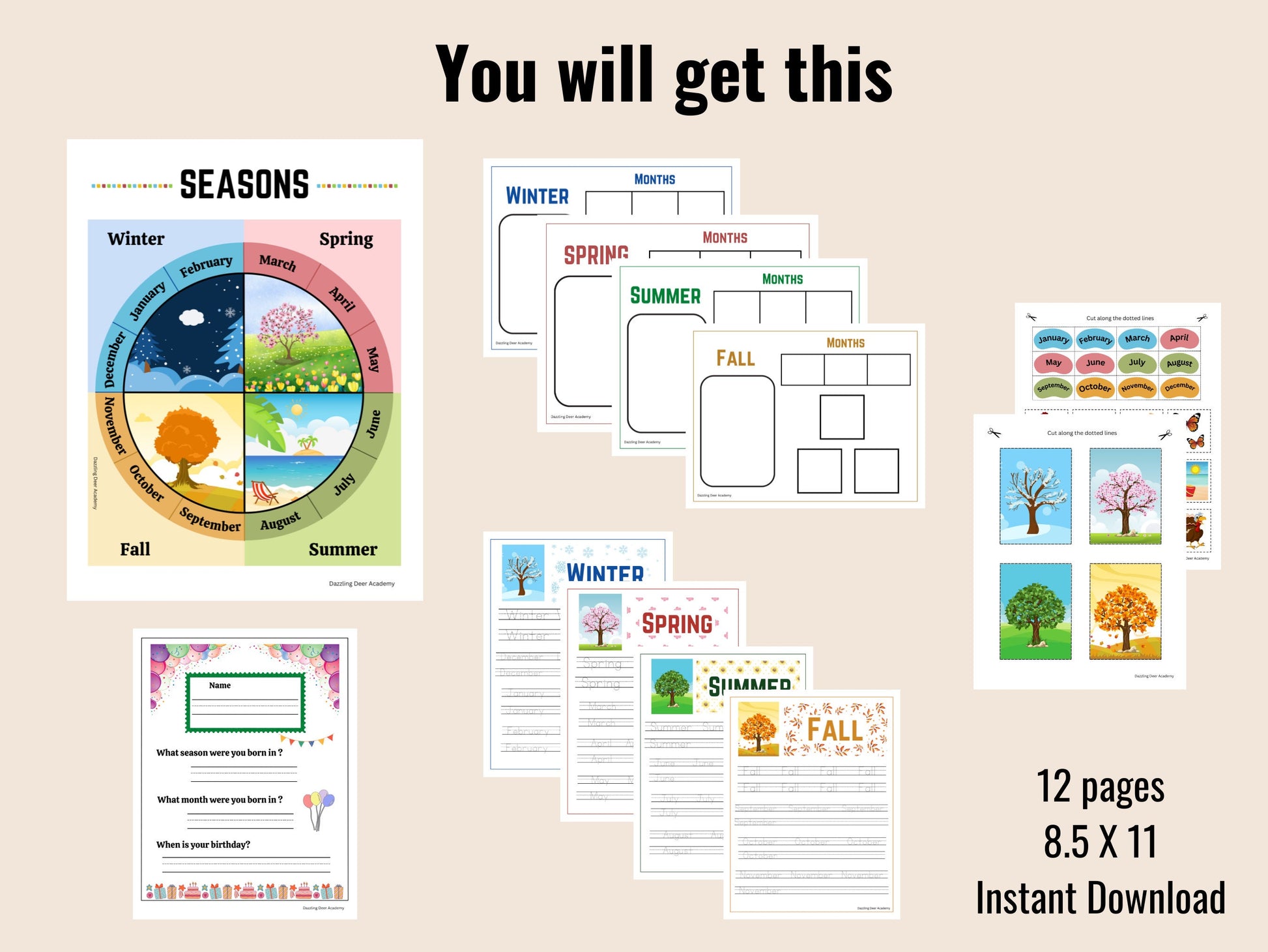Seasons Printable for kids, Months of the Year Matching Game, Four Seasons busy book, Montessori Printable homeschool Preschool Kindergarten