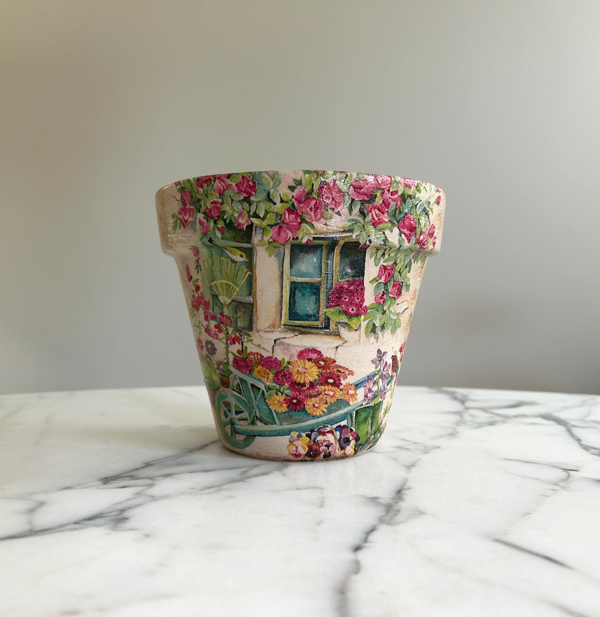 Decoupage Flower Pot: Tuscan Village Scene, Indoor Planter, Italy gifts, Flowerpots
