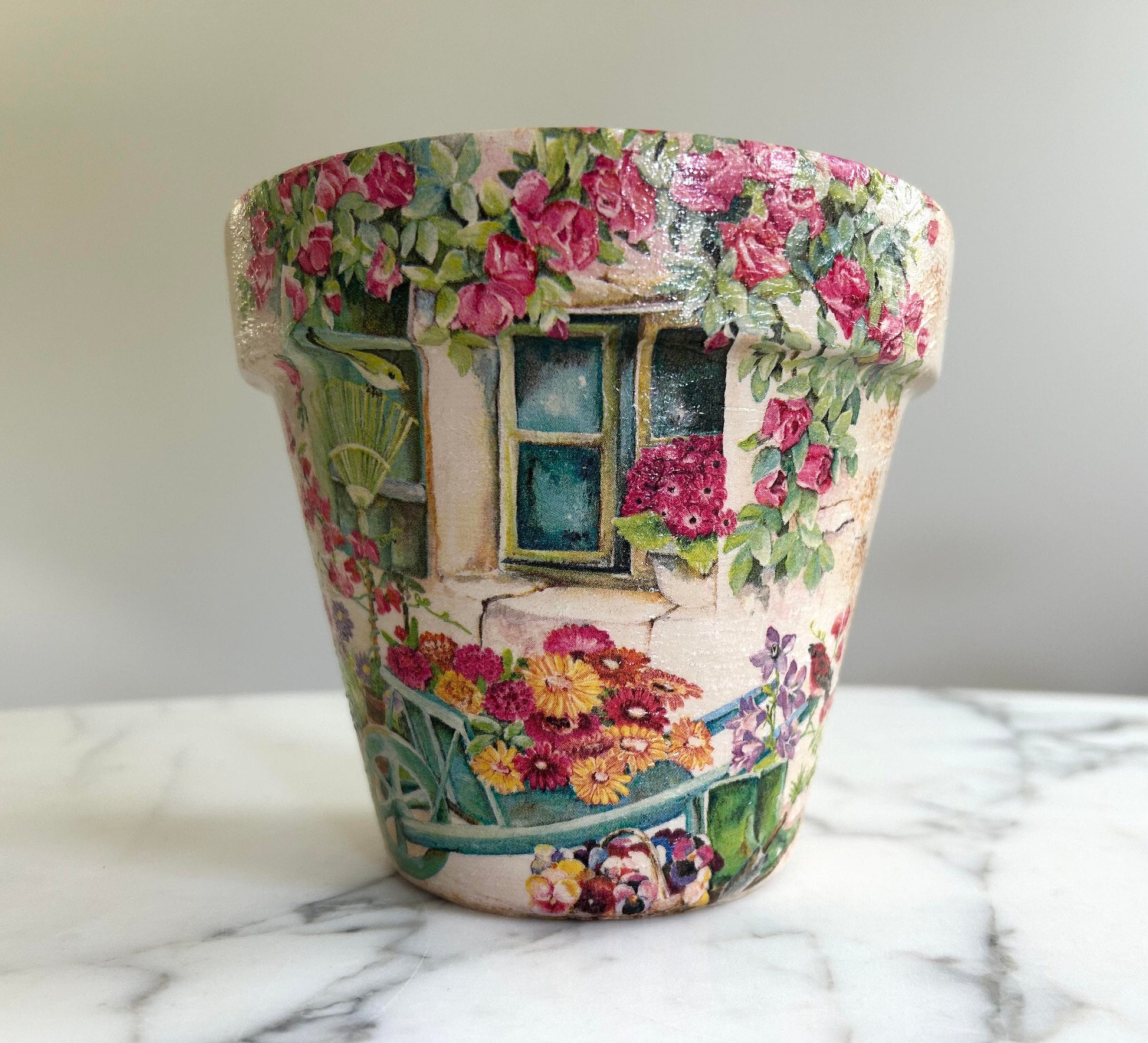 Decoupage Flower Pot: Tuscan Village Scene, Indoor Planter, Italy gifts, Flowerpots