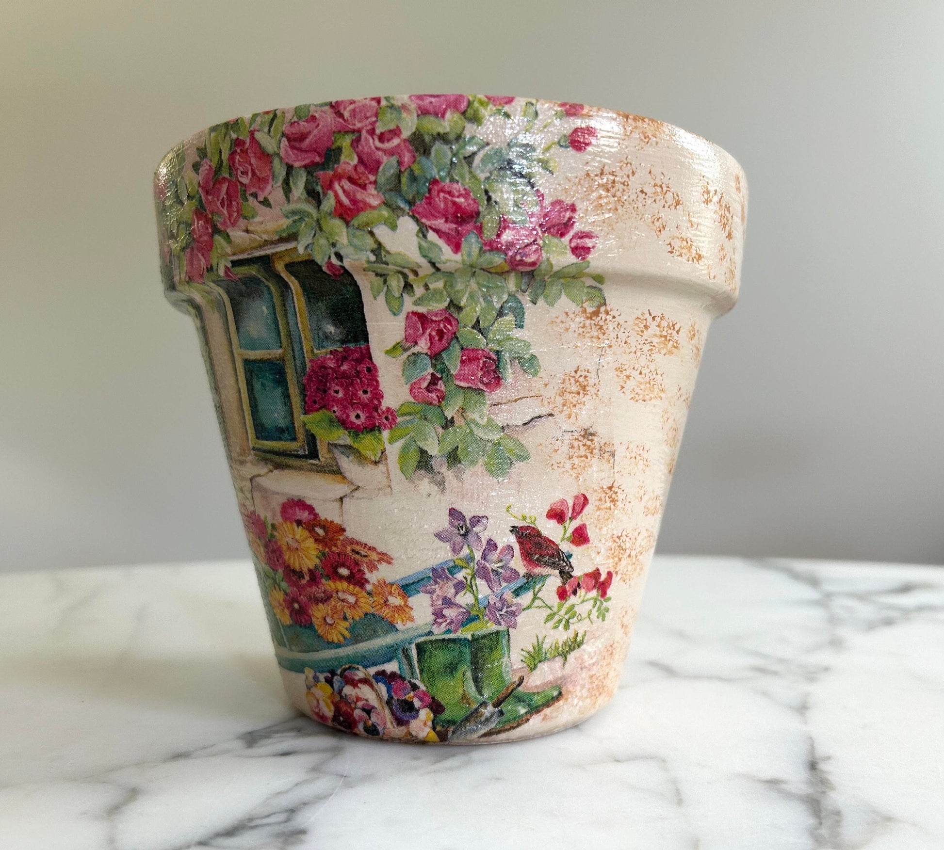 Decoupage Flower Pot: Tuscan Village Scene, Indoor Planter, Italy gifts, Flowerpots