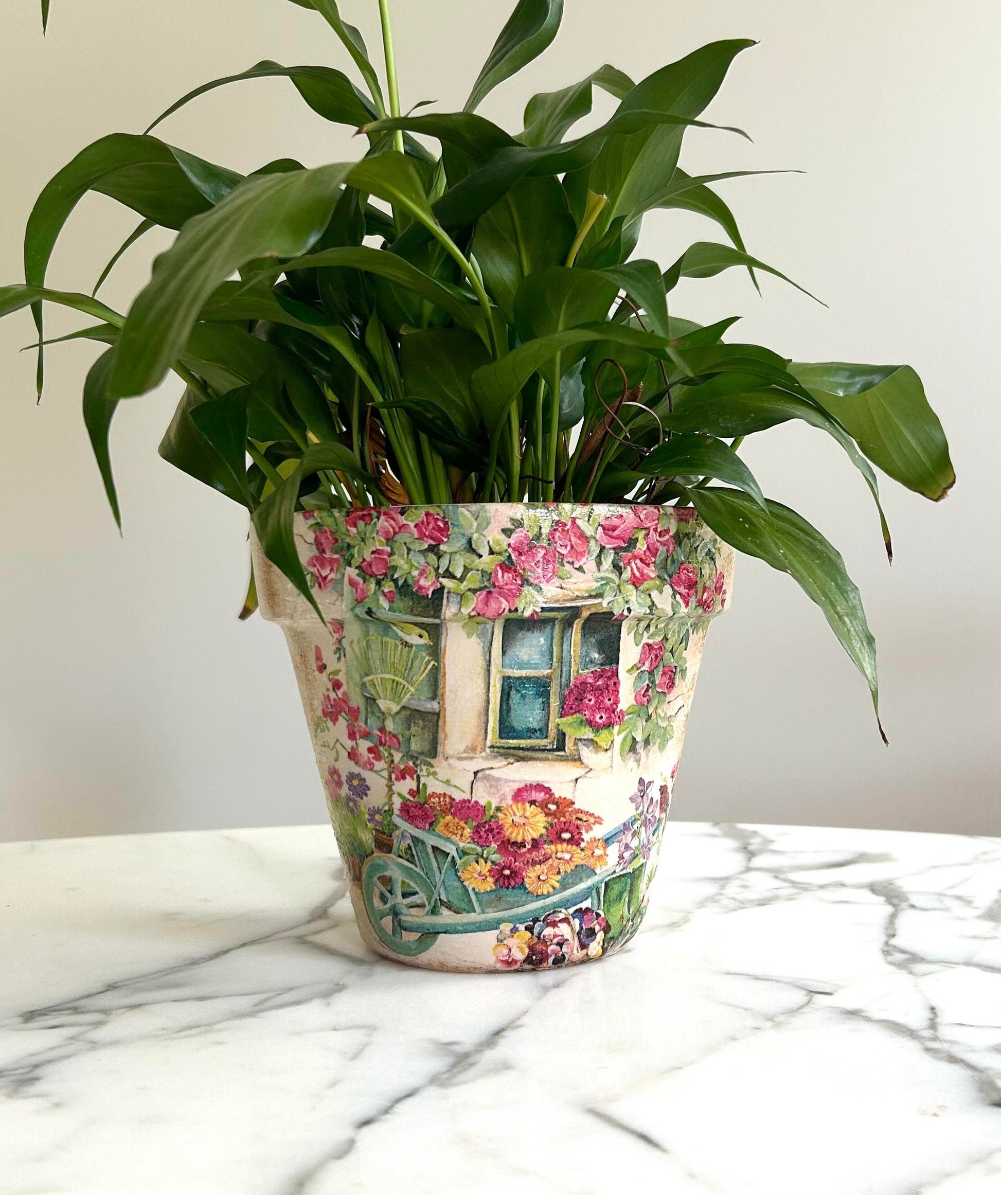 Decoupage Flower Pot: Tuscan Village Scene, Indoor Planter, Italy gifts, Flowerpots