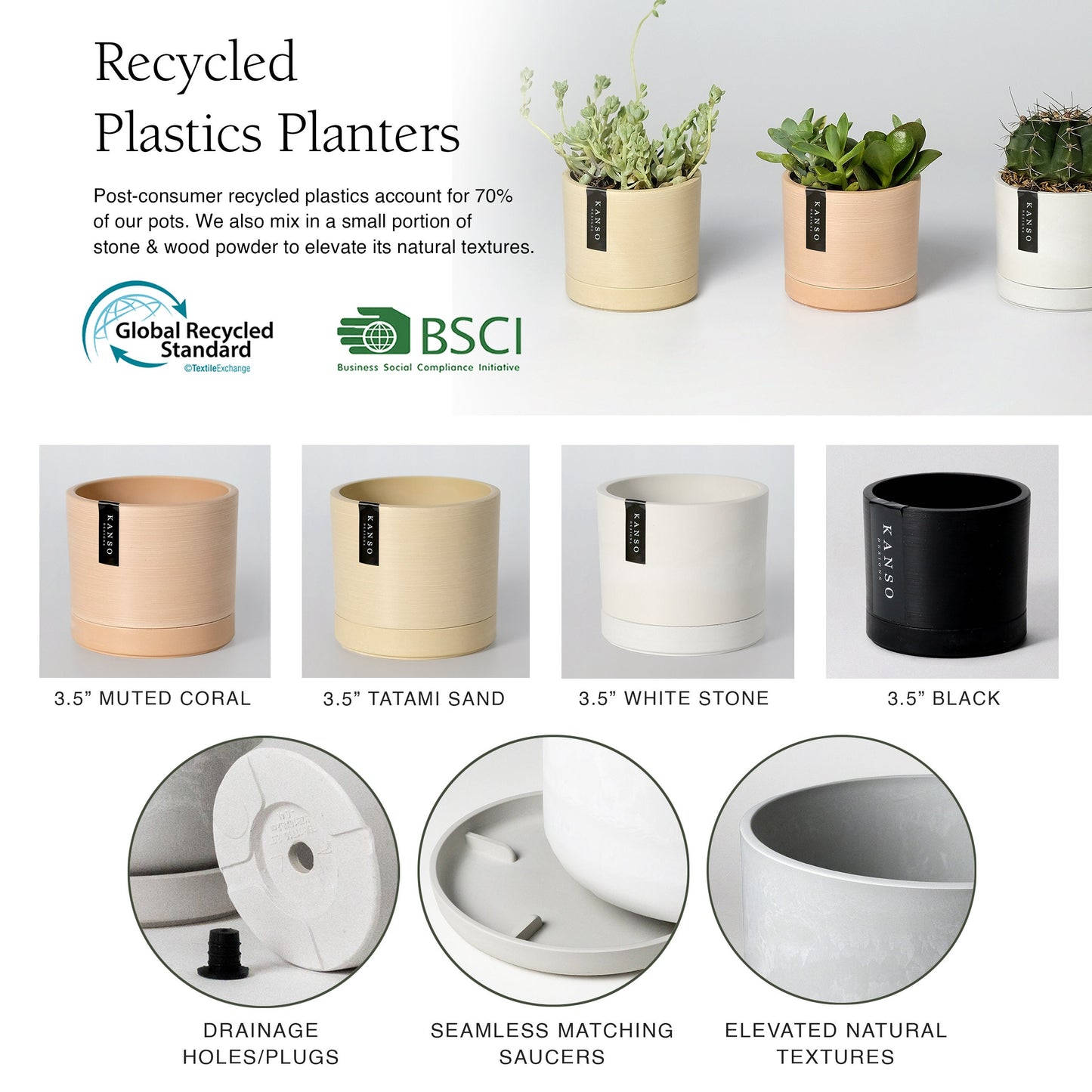 3" Mini Planters | Set of 3 Planters with Drainage Hole & Saucers | Small Cactus Planter | Ceramic Imitation | Indoor Planter Houseplant Pot