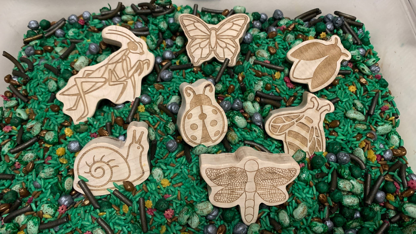 Complete bugs and insect  kit, bug sensory experience, grass and dirt senory fill set, bug toys, wooden insects  set