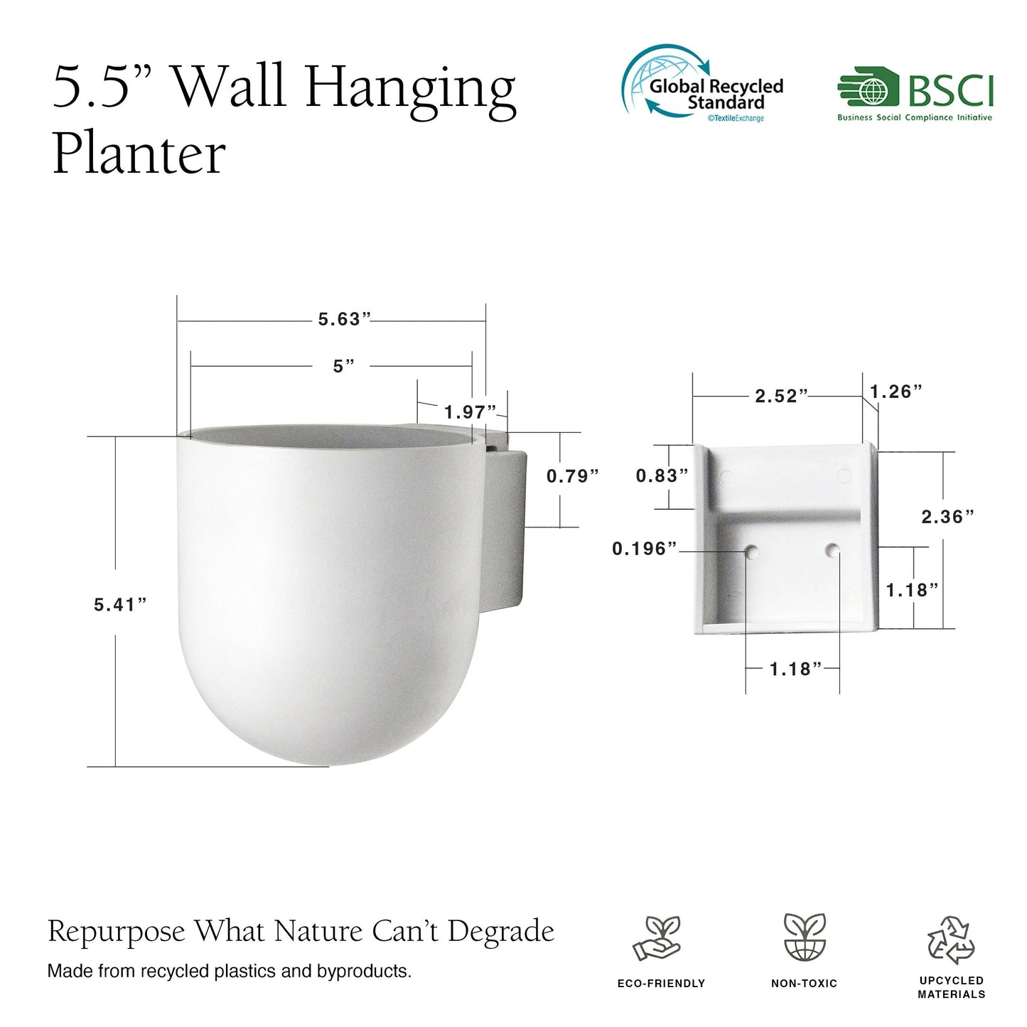 5.5" Wall Mounted Planter Pot | Mid-Century Wall Planter | Minimalist Indoor Wall Planter | Hanging Planter Pots | Upcycled Wall Planter Pot