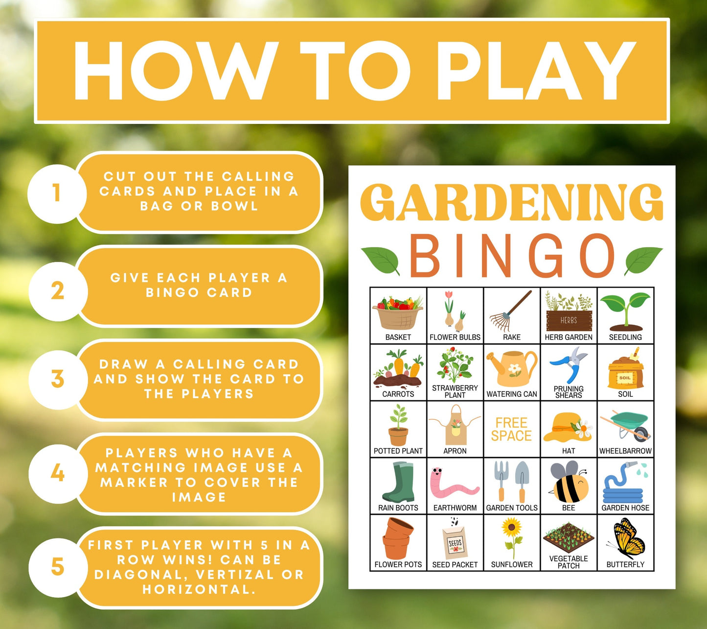 60 Gardening Bingo Cards Printable Game, Gardening Club Bingo Activity Kids Game, Spring Bingo Cards for Kids, Garden Party Bingo Board Game