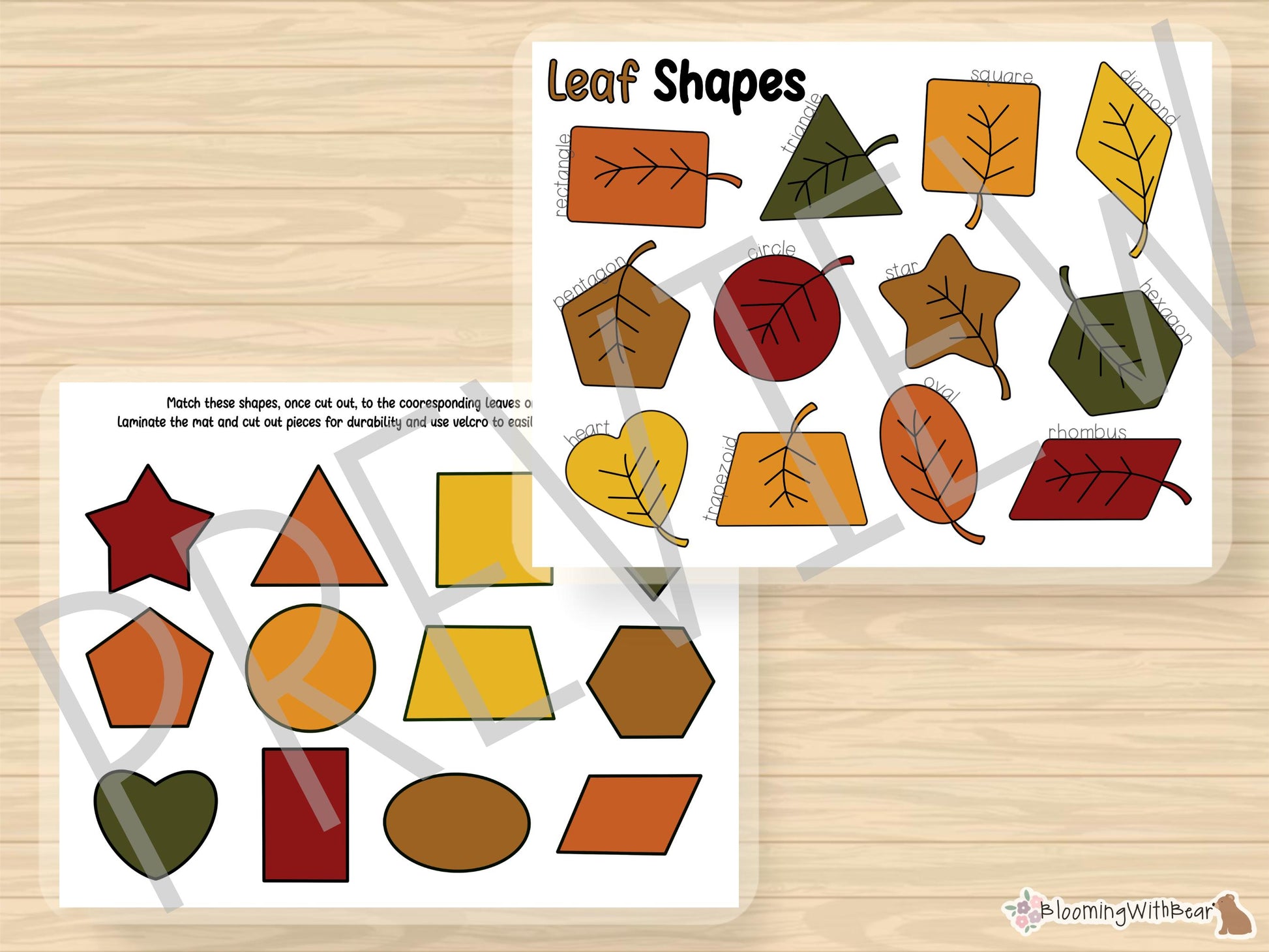 Leaf Shapes | Fall Activity | Autumn | Learning Shapes | Matching Shapes Activity | Preschool Printable | Homeschool | Montessori