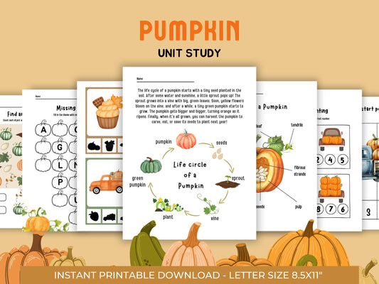 Pumpkin Unit Study, Educational Activities for Preschool, Science, Life Cycle, Anatomy, Homeschool, Montessori,Fall worksheet