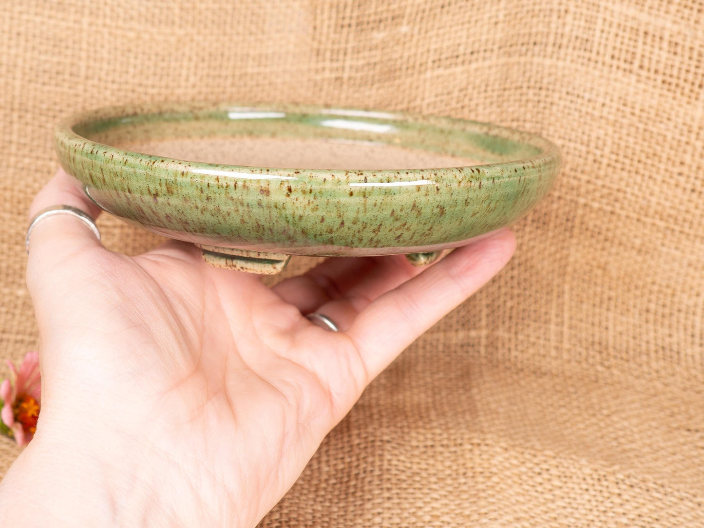 Green speckle bonsai planter, Japanese Shohin Komono