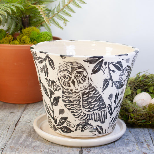 Handmade Owl Planter with Saucer: Stamped Stoneware Pottery, Gardener Gift