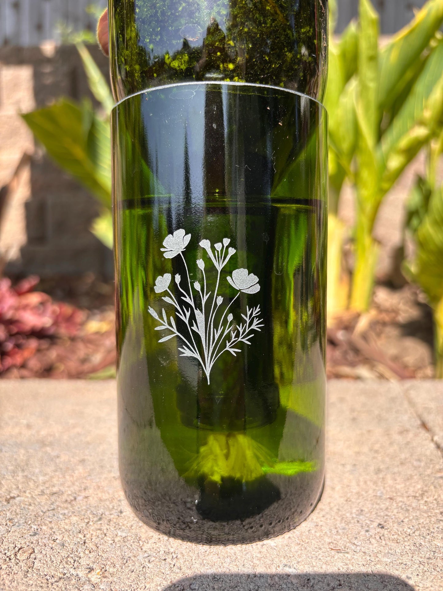 Etched African Violet Wine Bottle Hydro Planter (1) One - (Self Watering) Eco Friendly, Grow Indoors, Eco Planter, DIY Planter Kit